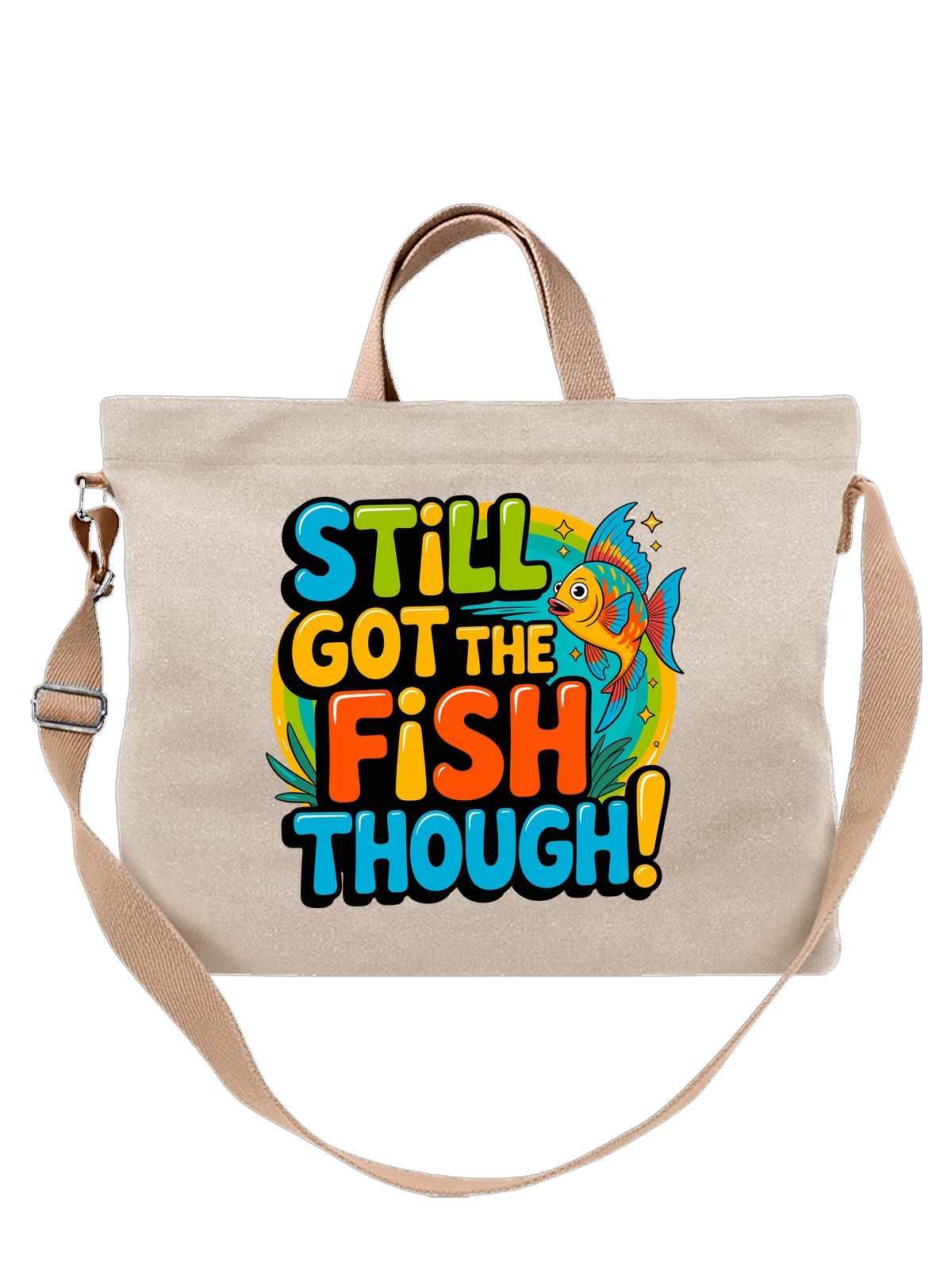 Сумка бежевая с принтом Яркая рыба с надписью Still Got The Fish Tough — водная жизнь — Бежевая, фото 1