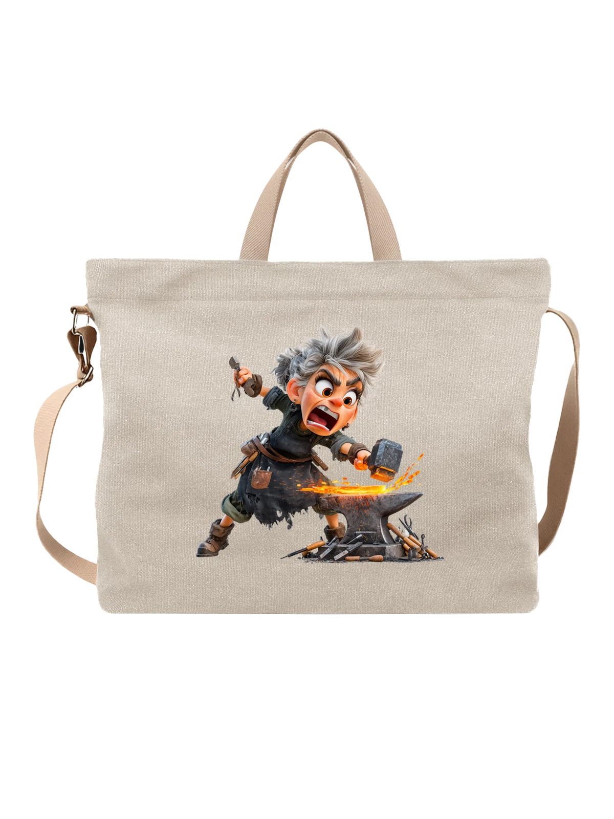 Сумка бежевая с принтом Сердитый кузнец с молотом у наковальни — мастер у наковальни — Бежевая, фото 1