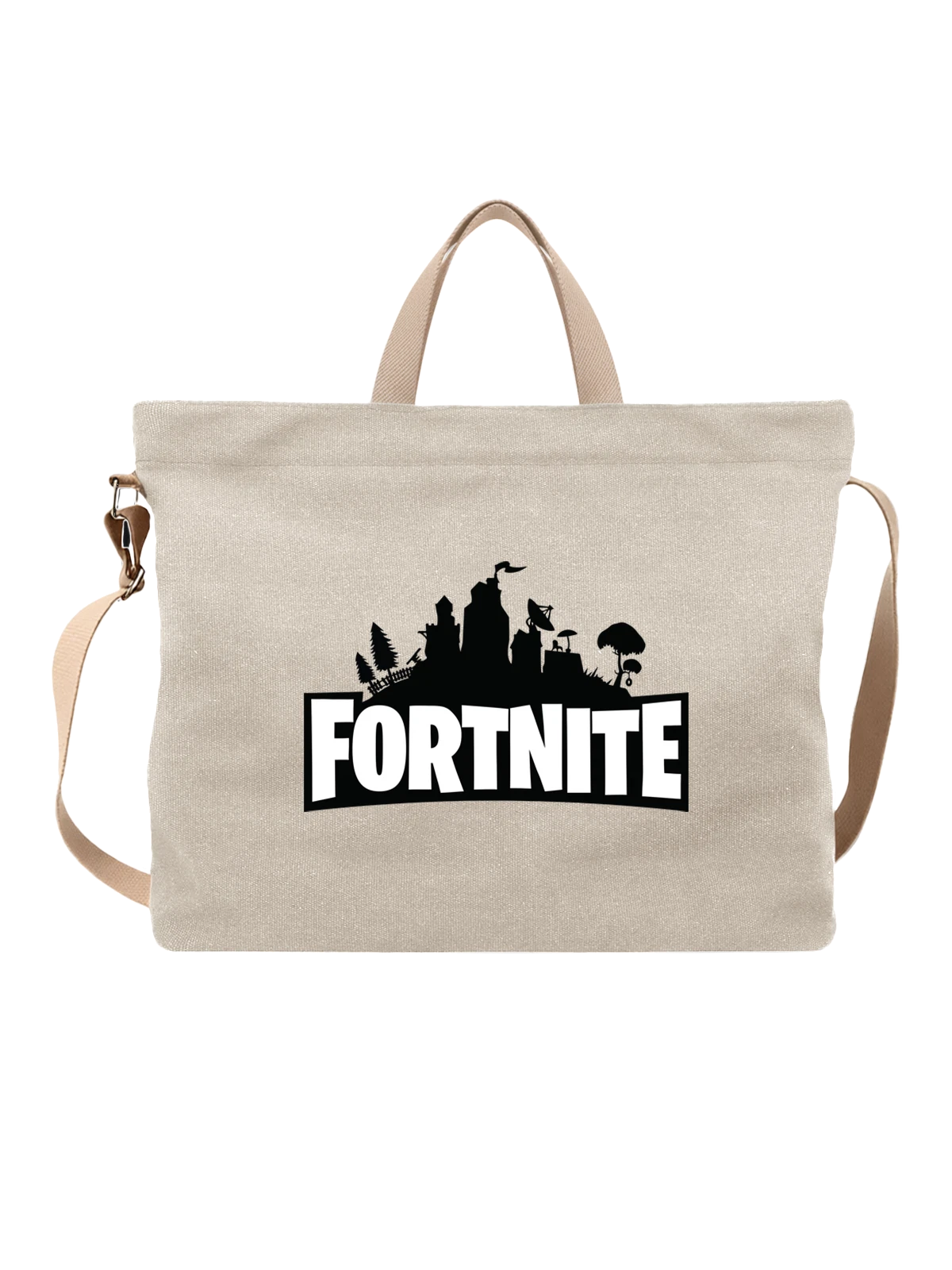 Сумка бежевая с принтом Fortnite с бойцом и оружием — шутер — Бежевая, фото 1