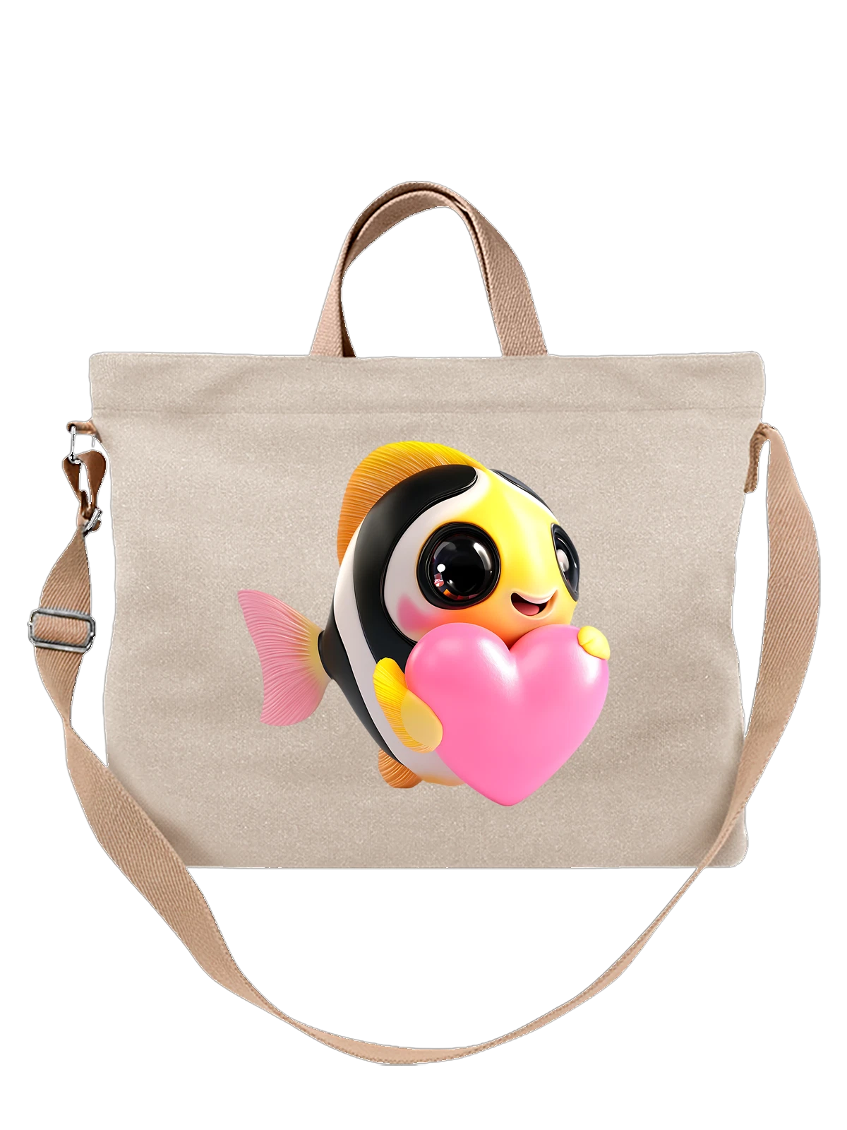 Сумка бежевая с принтом Clownfish-клоун с розовым сердцем — морской обитатель — Бежевая, фото 1