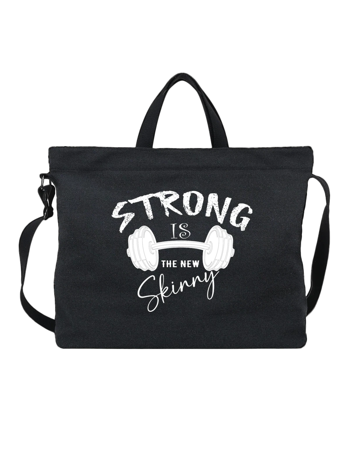 Сумка чёрная с принтом Strong is the New Skinny с гантелями — бодибилдинг — Чёрная, фото 1