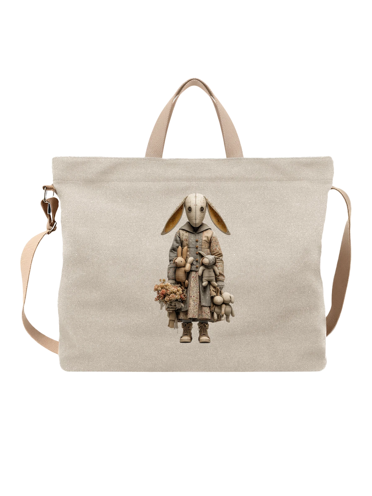 Сумка бежевая с принтом Cloth rabbit doll с букетом роз — букет роз — Бежевая, фото 1