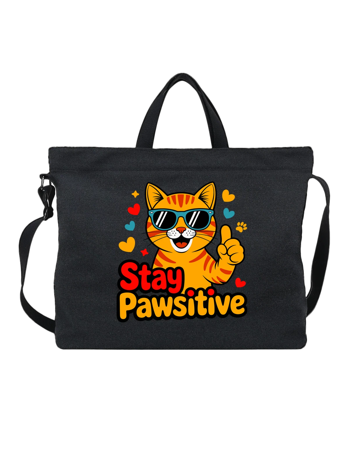 Сумка чёрная с принтом Кот в очках и жестом окей Stay Pawsitive — мультяшный кот — Чёрная, фото 1