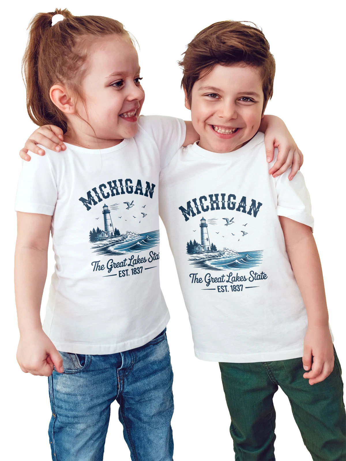 Футболка детская Michigan маяк и озеро Гурон The Great Lakes State белая с принтом — домик у воды — Белая, фото 1