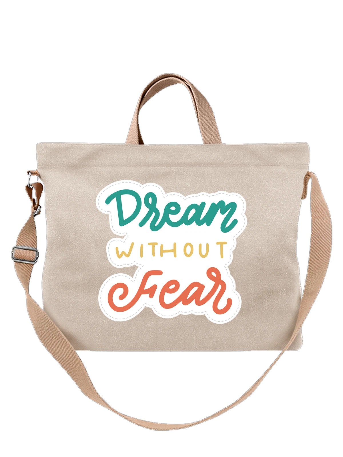 Сумка бежевая с принтом Надпись Dream Without Fear цветные буквы — вдохновение — Бежевая, фото 1