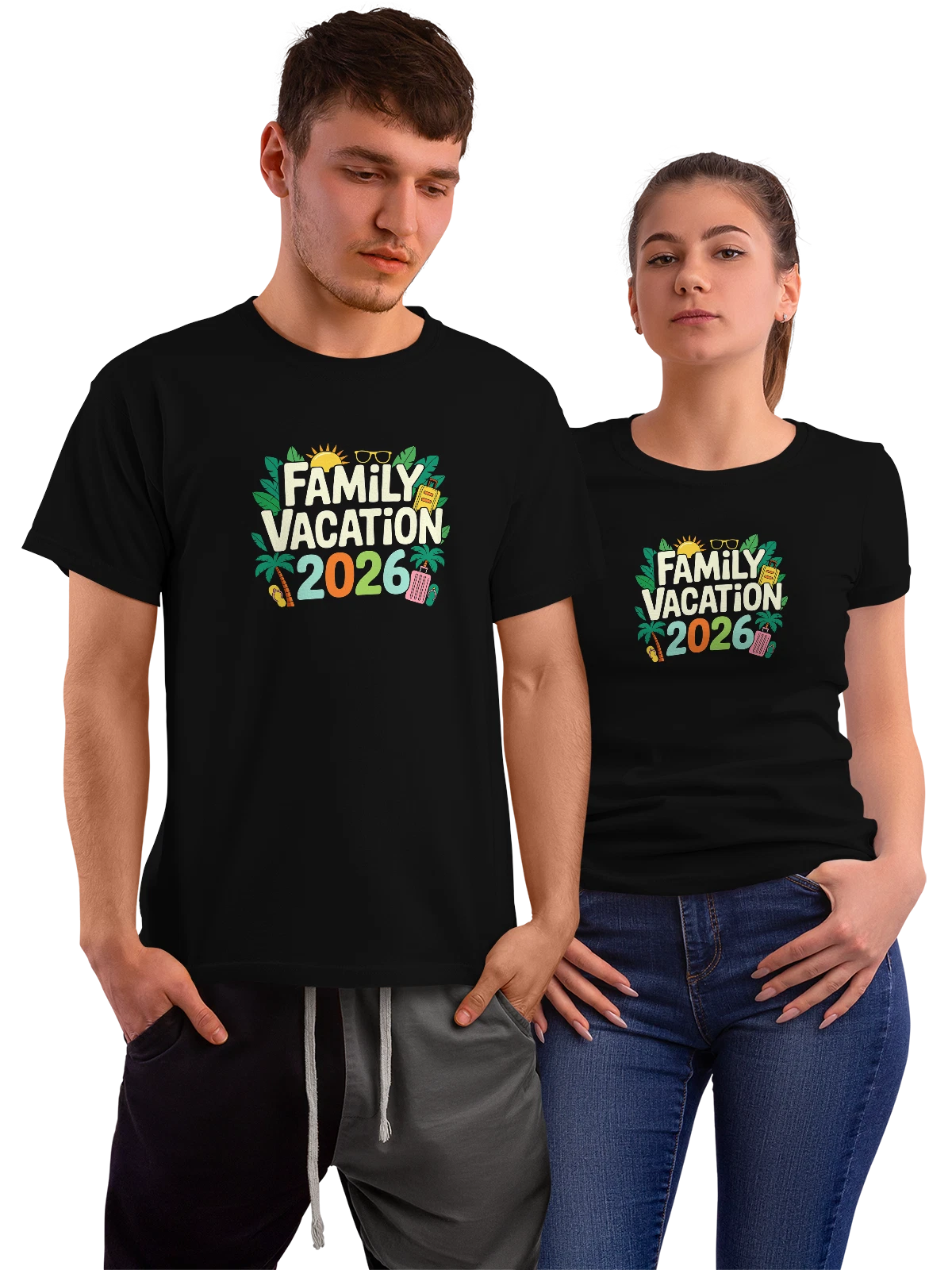 Футболка Family Vacation 2026 с пальмами и чемоданом чёрная с принтом — каникулы 2026 — Чёрная, фото 1