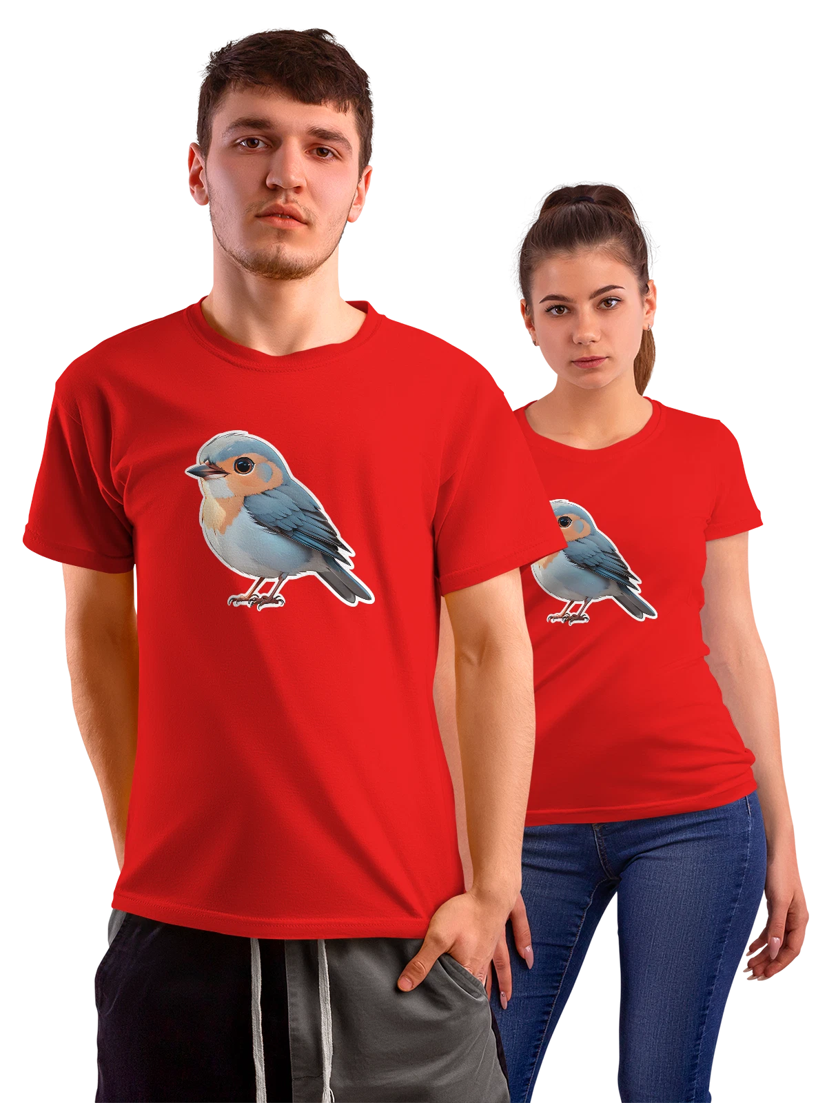 Футболка с милой голубой птичкой в мультяшном стиле красная с принтом — детский рисунок — Красная, фото 1