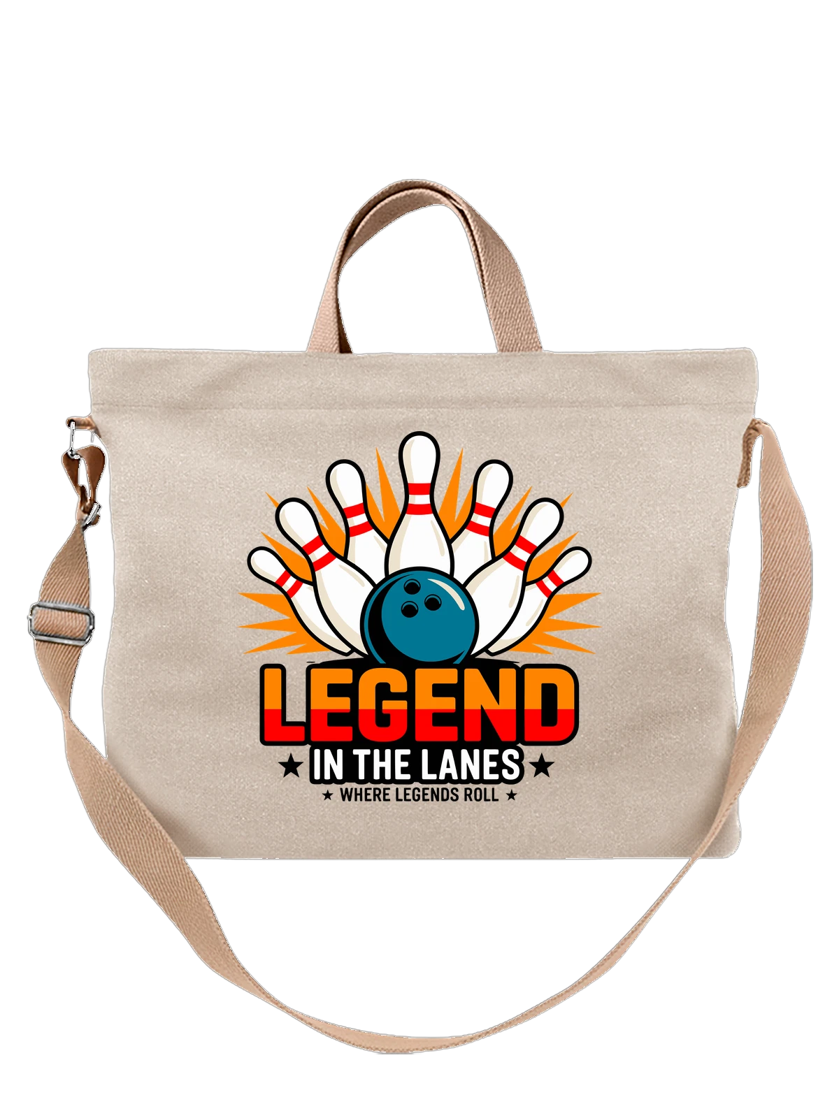 Сумка бежевая с принтом Bowling legend in the lanes шар кегли — spare — Бежевая, фото 1