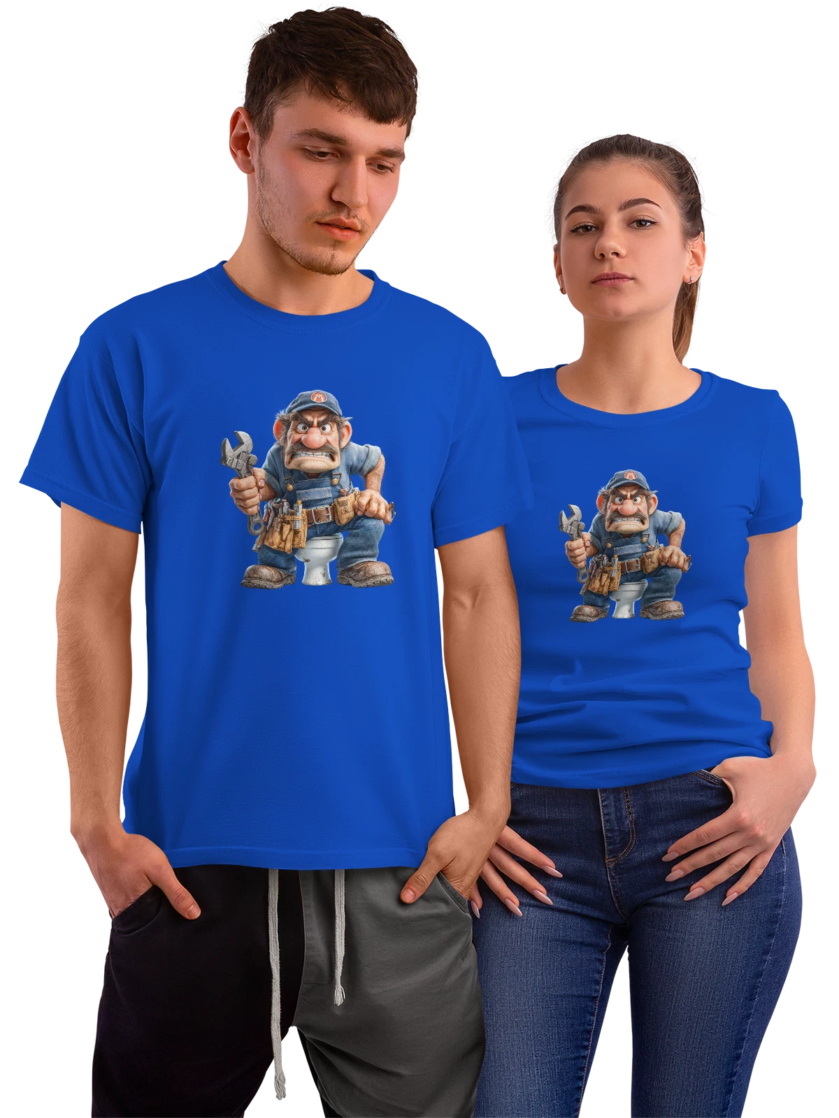 Футболка Сердитый сантехник с гаечным ключом и кепкой синяя с принтом — кепка — Синяя, фото 1