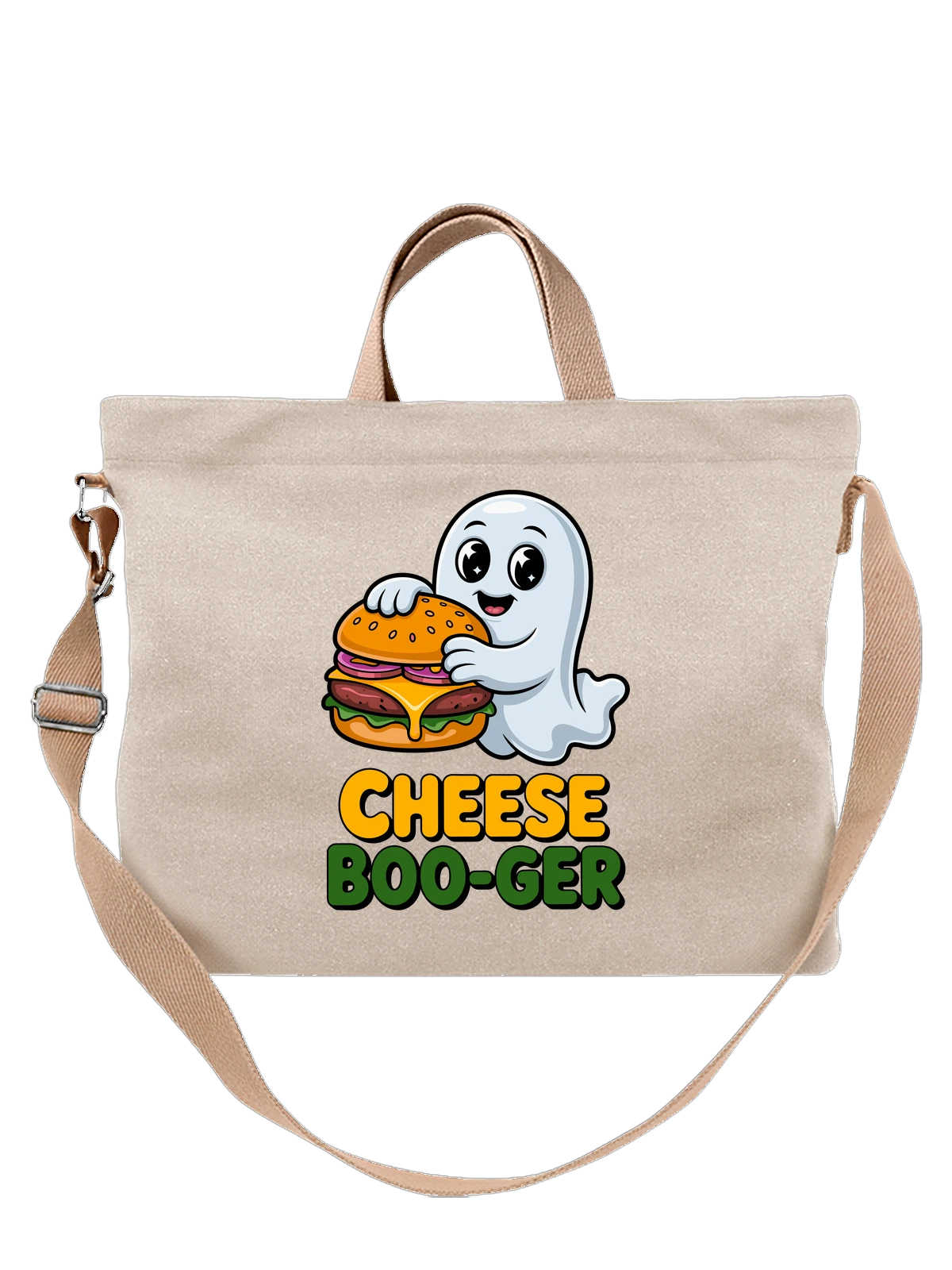 Сумка бежевая с принтом Привидение с чизбургером CHEESE BOO-GER — фастфуд — Бежевая, фото 1