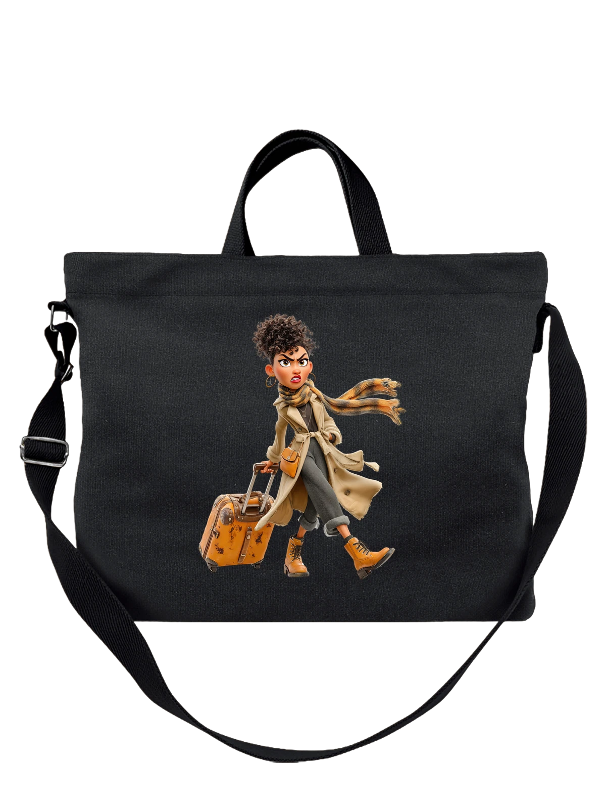 Сумка чёрная с принтом Traveler woman с чемоданом и шарфом — urban fashion — Чёрная, фото 1