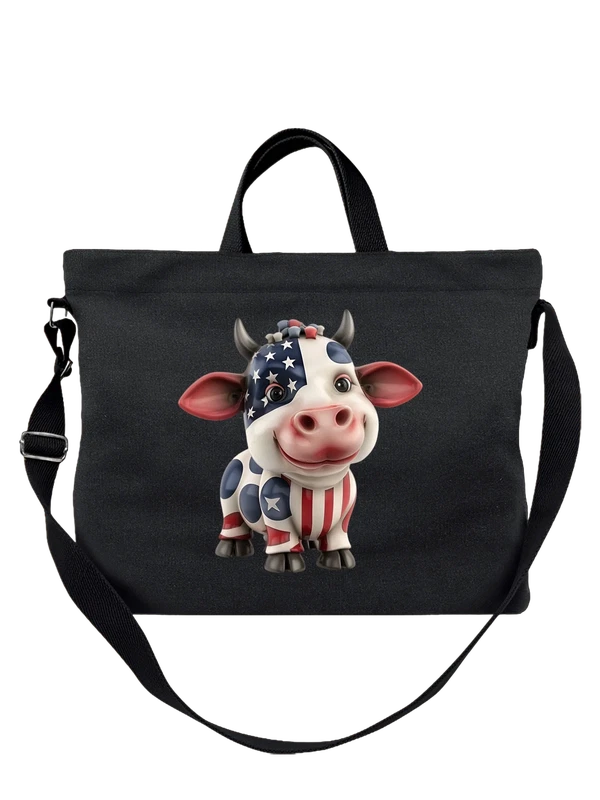 Сумка чёрная с принтом Милая cartoon cow в стиле флага США — Чёрная, фото 1