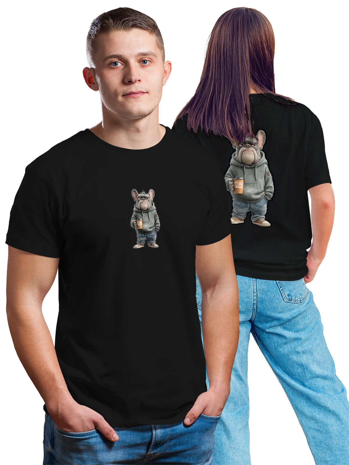 Футболка Французский бульдог в худи с кофе чёрная с принтом на спине — стаканчик кофе — Чёрная, фото 1