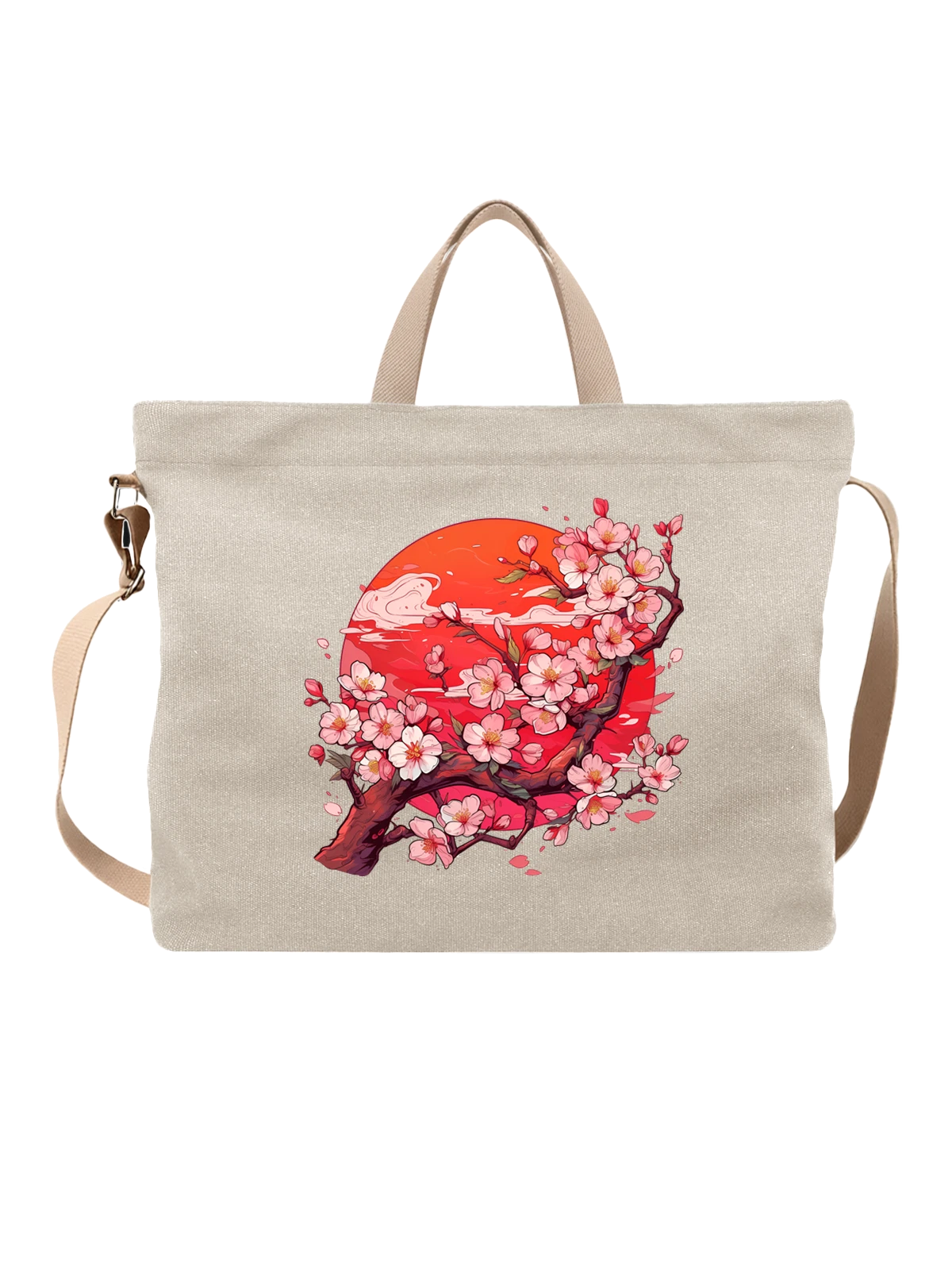 Сумка бежевая с принтом Цветущая сакура на фоне красного солнца — blossom branch — Бежевая, фото 1