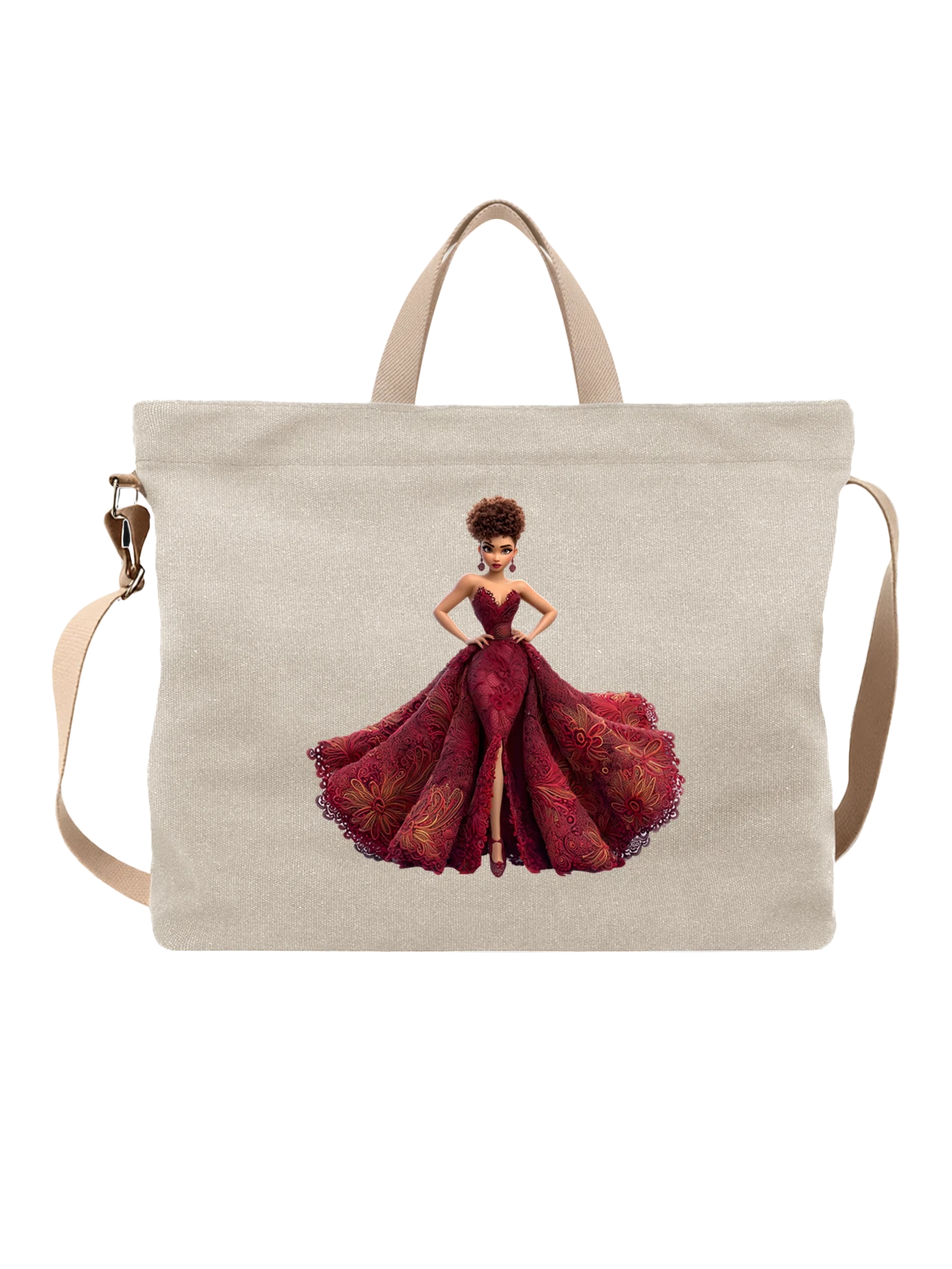 Сумка бежевая с принтом Кукла в бордовом вечернем платье — fashion doll — Бежевая, фото 1