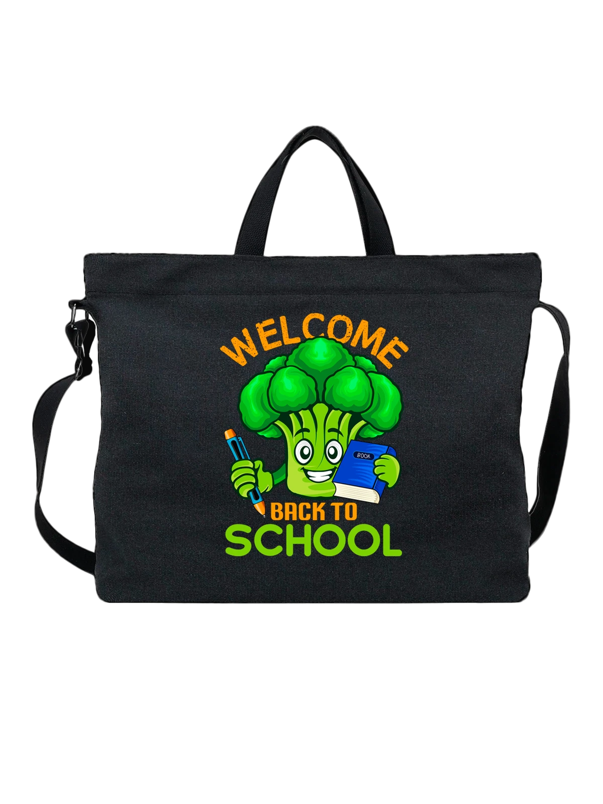 Сумка Брокколи welcome back to school чёрная с принтом — забавная еда — Чёрная, фото 1