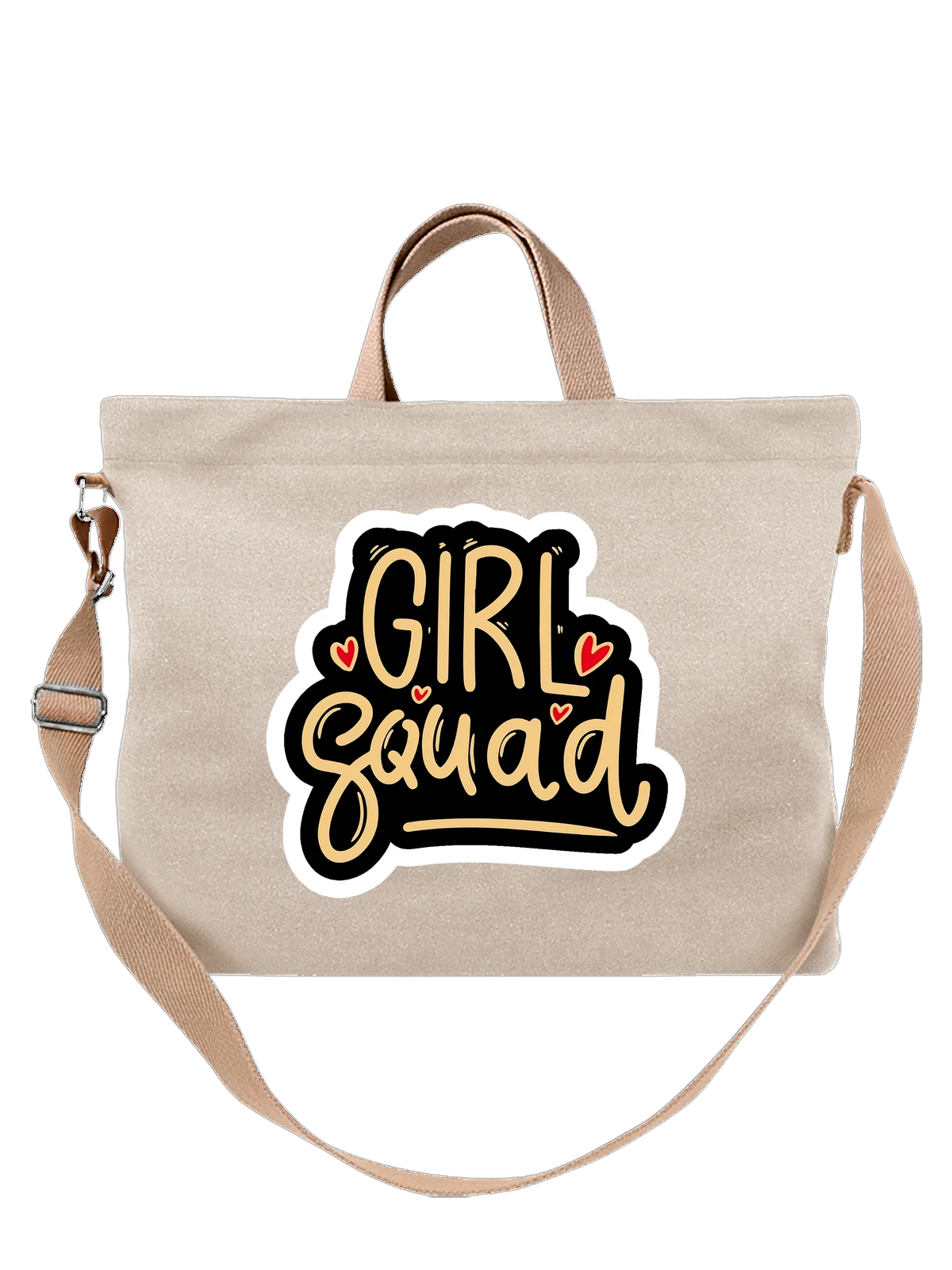 Сумка бежевая с принтом Girl Squad с сердцами — дружба — Бежевая, фото 1
