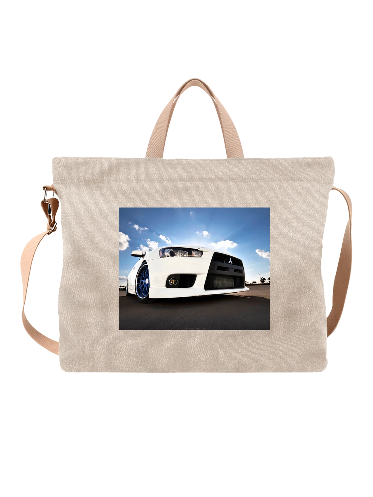 Сумка бежевая с принтом Машина mitsubishi white — тюнинг автомобиля — Бежевая, фото 1