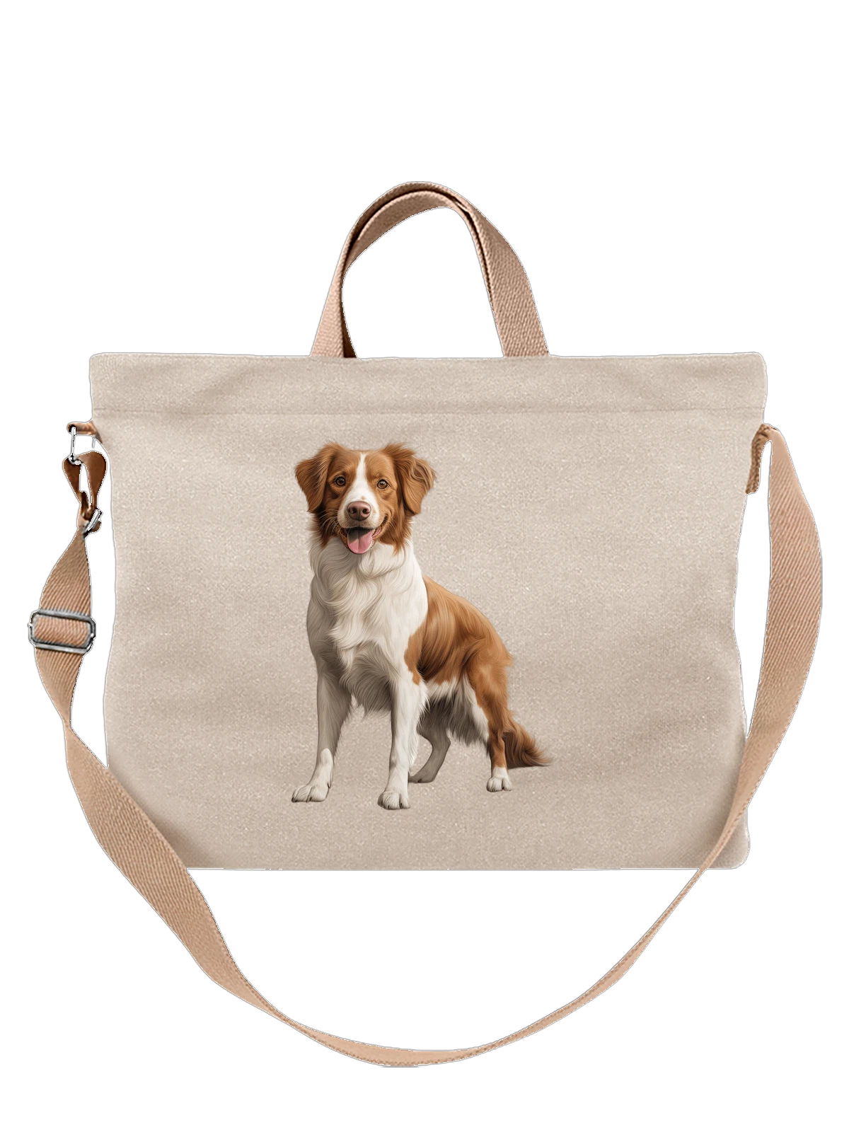 Сумка бежевая с принтом Бордер-колли сидящая собака портрет среди листьев — пушистая шерсть — Бежевая, фото 1
