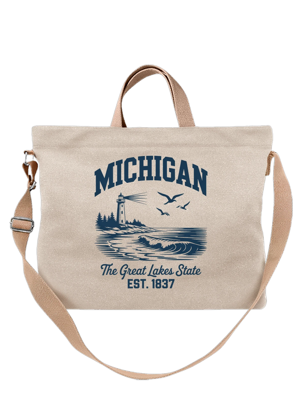 Сумка бежевая с принтом Michigan охотник с медведем у озера EST 1837 — рыбалка — Бежевая, фото 1