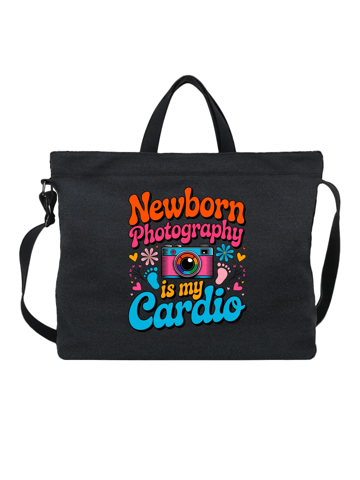 Сумка чёрная с принтом Newborn Photography с ретро камерой — принт с камерой — Чёрная, фото 1