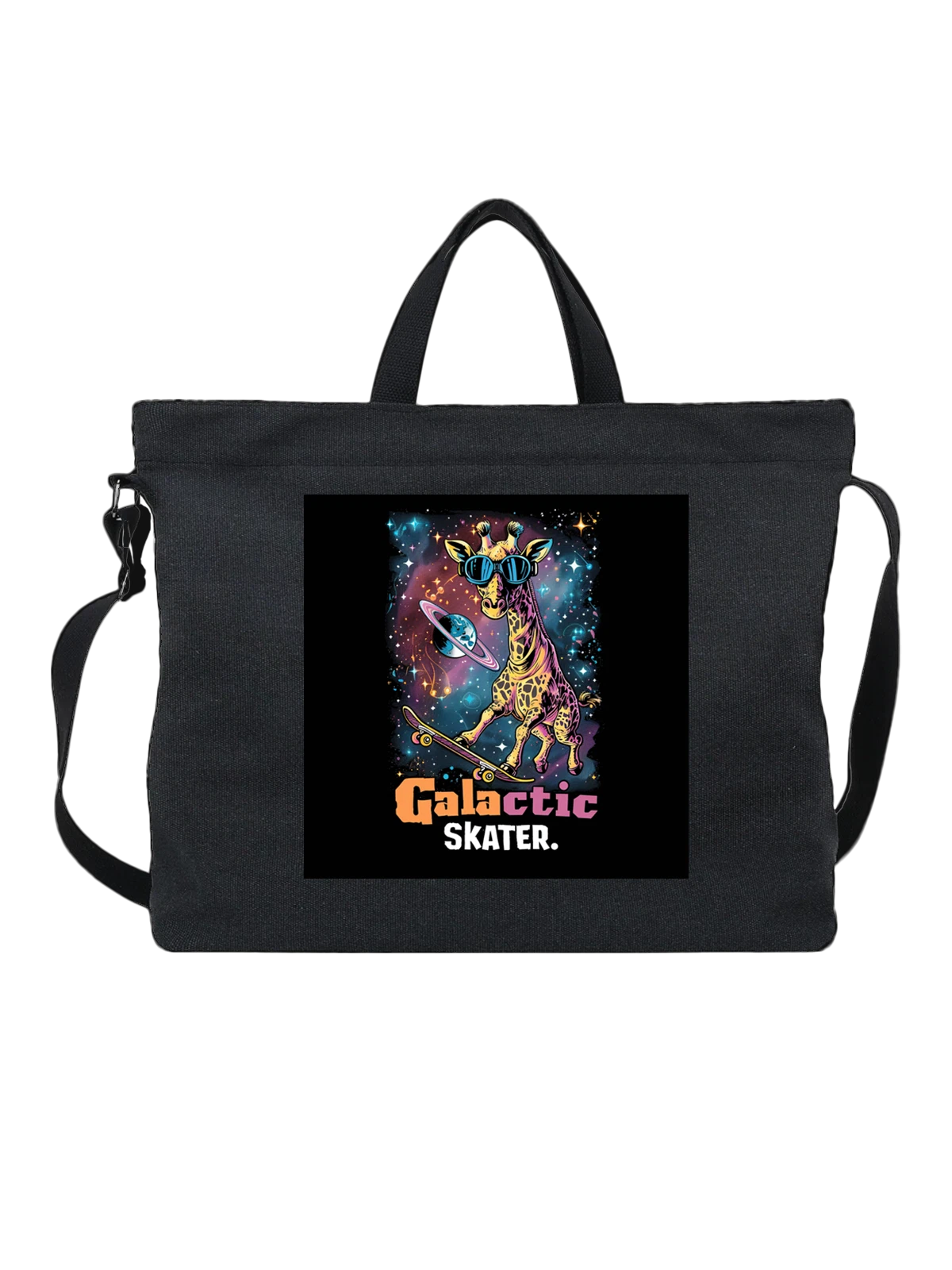 Сумка Жираф на скейтборде в космосе Galactic Skater чёрная с принтом — неоновый стиль — Чёрная, фото 1