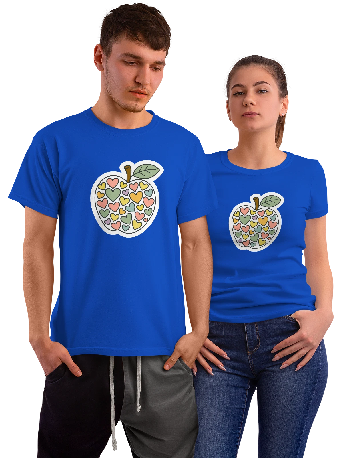 Футболка Яблоко с сердечками и листом синяя с принтом — cute fruit — Синяя, фото 1
