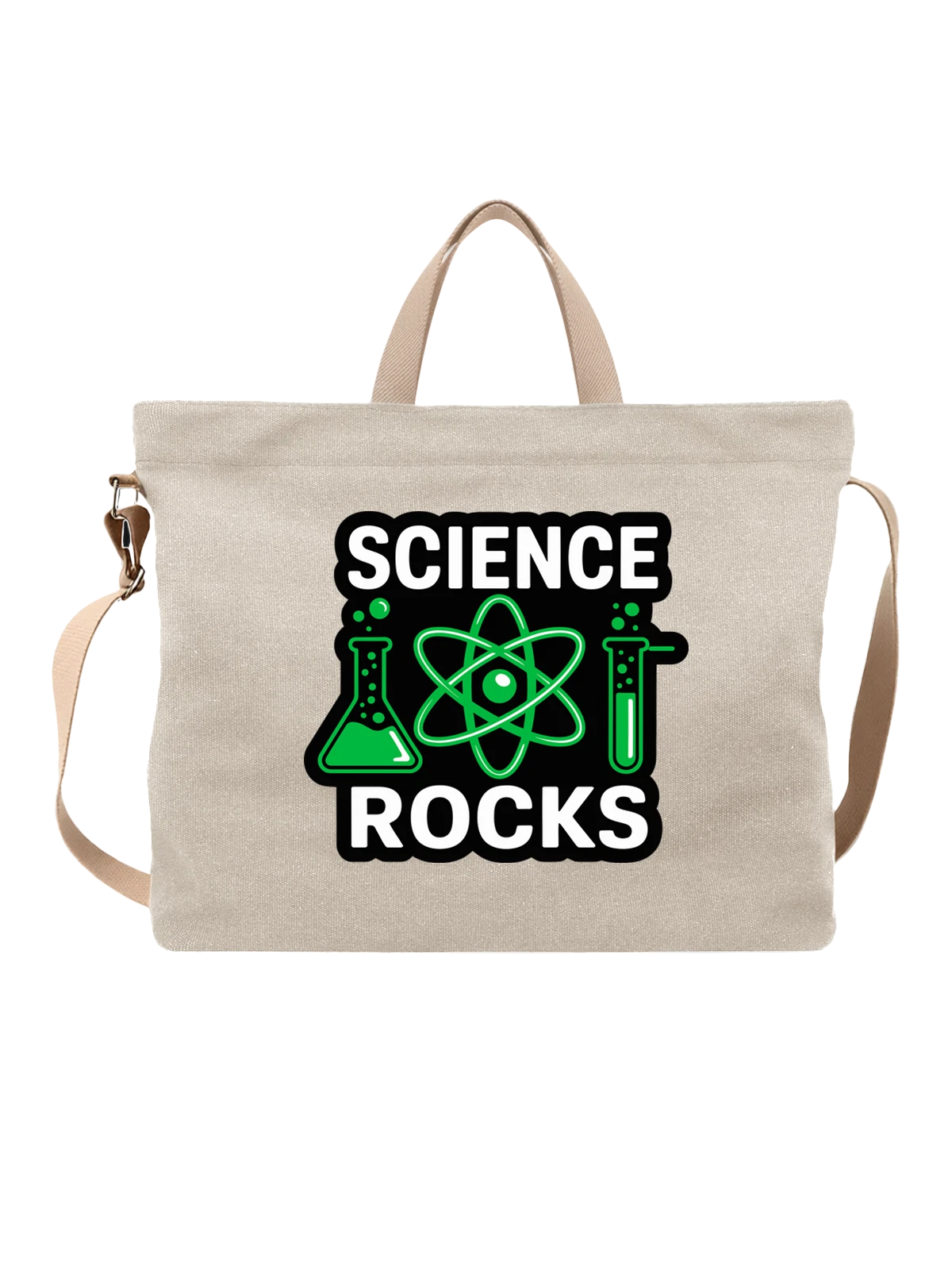 Сумка бежевая с принтом Science Rocks атом и химические колбы — колба — Бежевая, фото 1