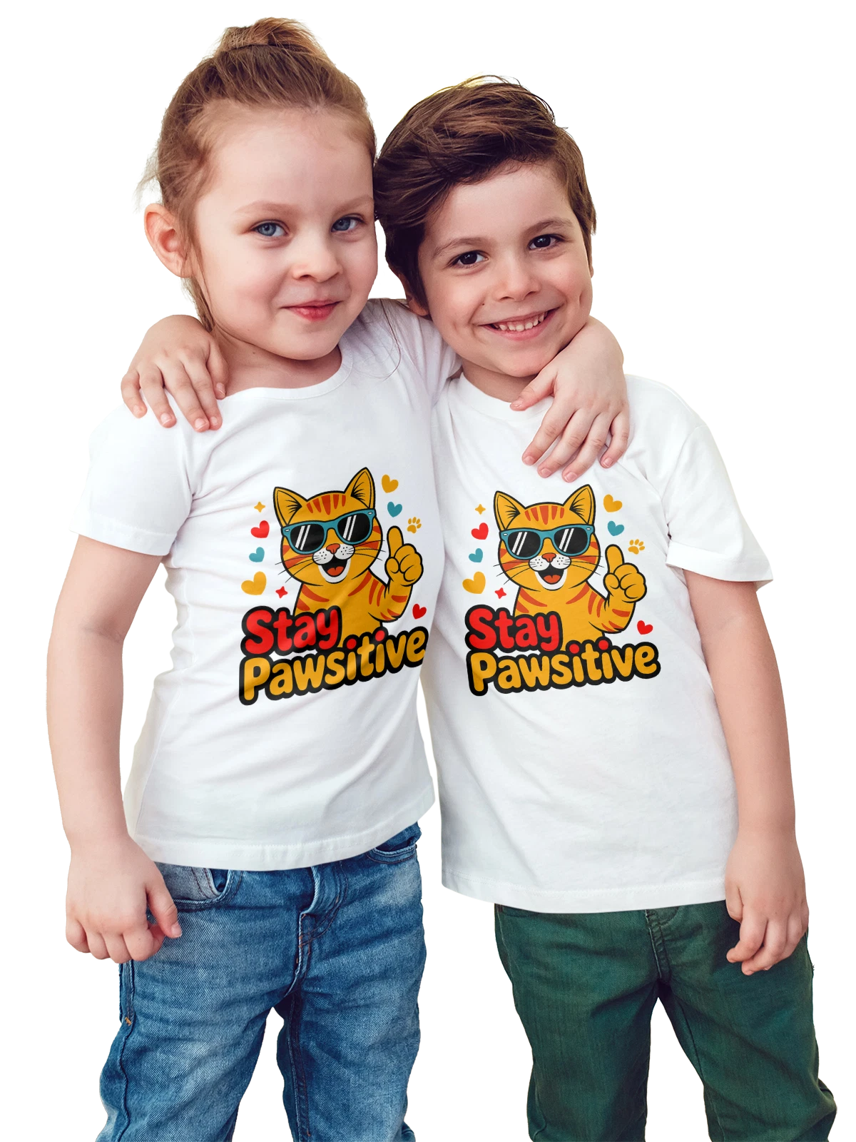 Футболка детская Кот в очках и жестом окей Stay Pawsitive белая с принтом — мультяшный кот — Белая, фото 1