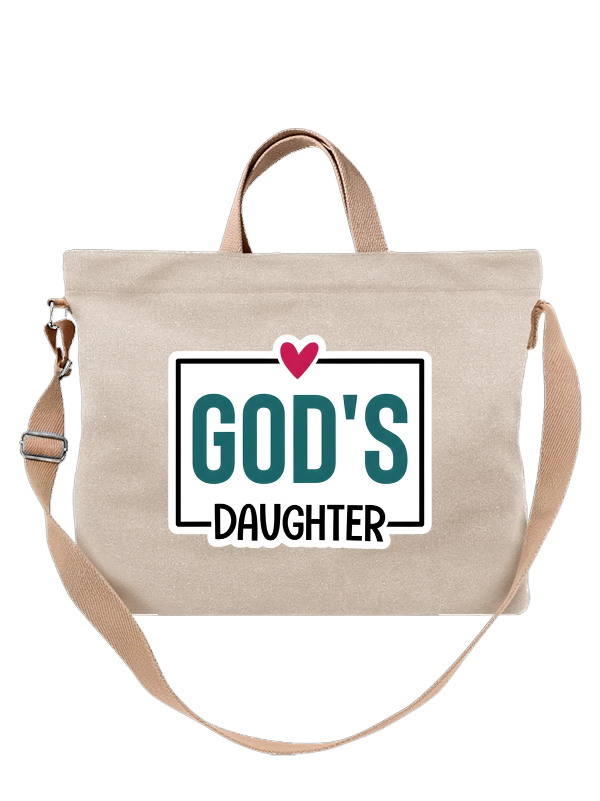 Сумка бежевая с принтом God's Daughter с сердцем и надписью — постерный стиль — Бежевая, фото 1