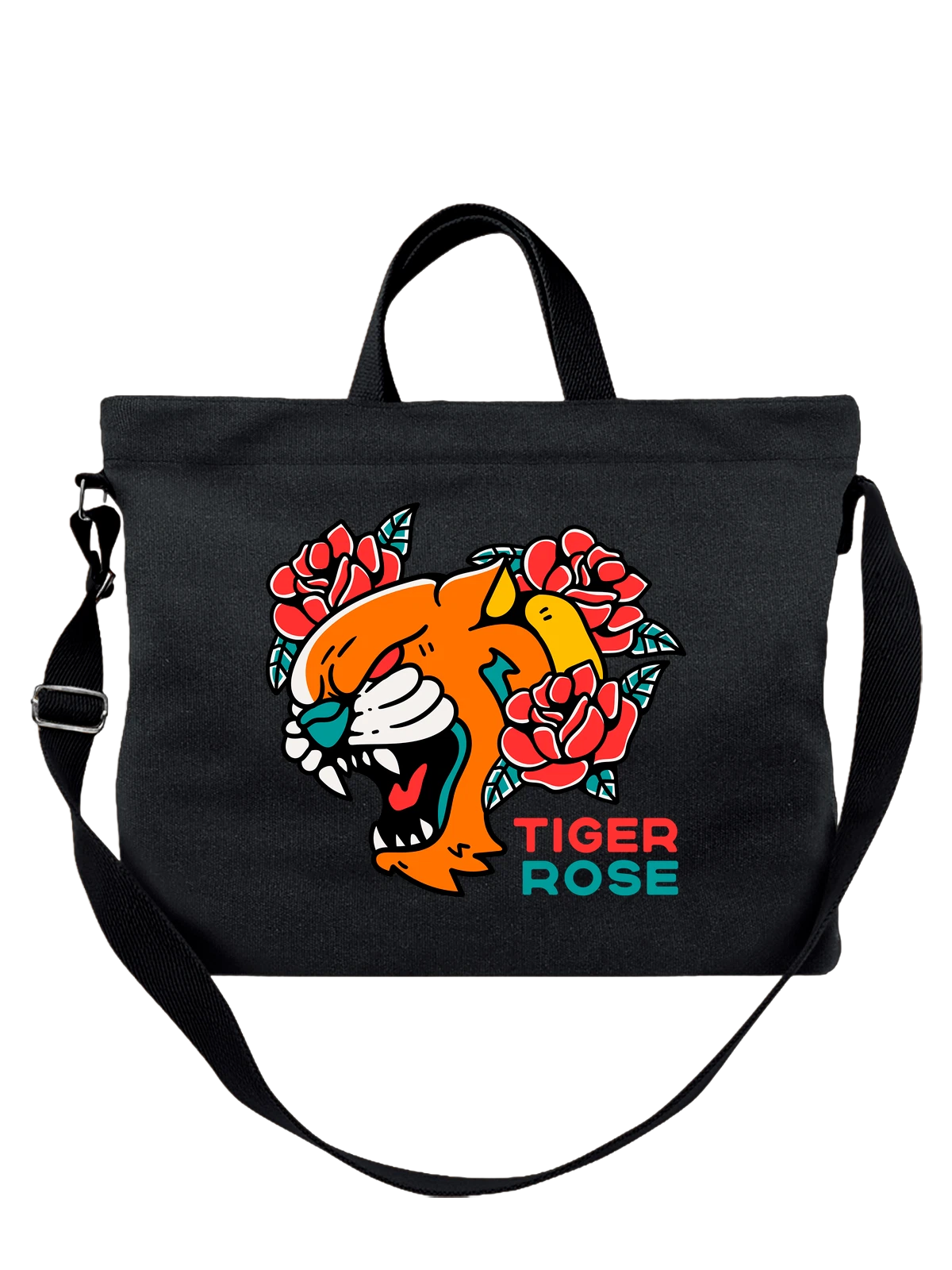 Сумка с тигром розами tiger rose чёрная с принтом — природа Африки — Чёрная, фото 1