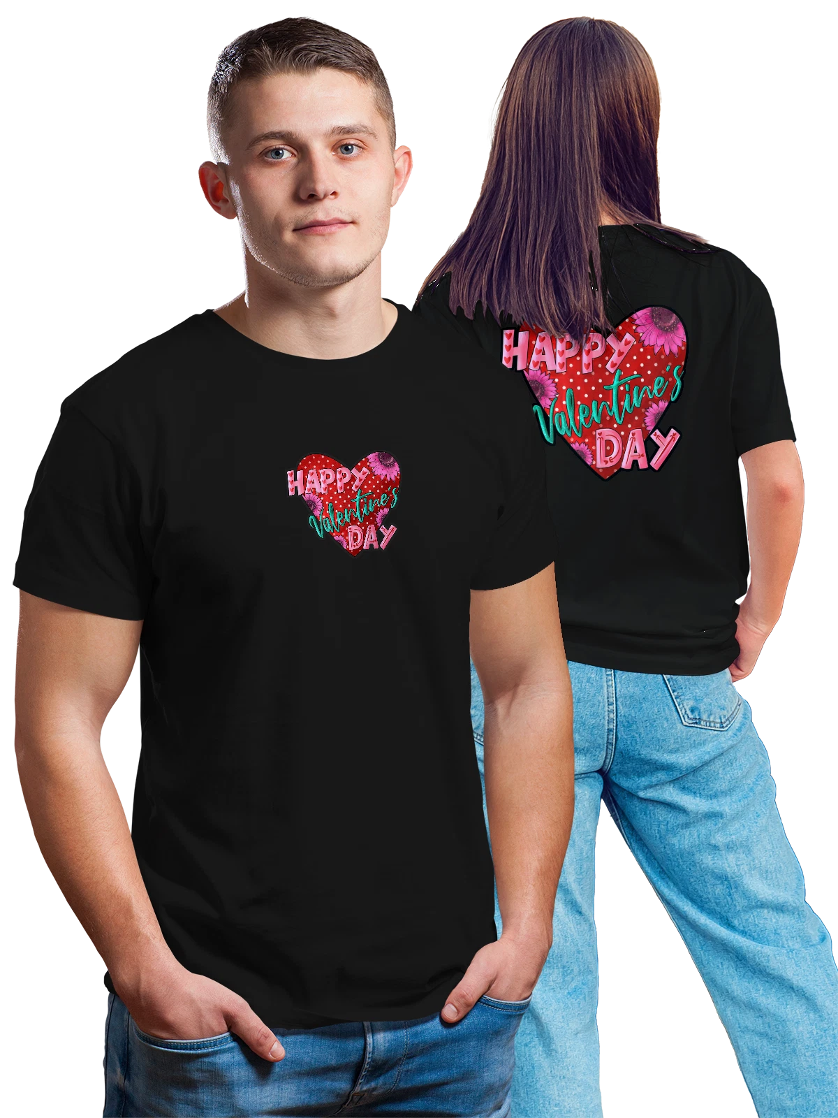 Футболка Валентинка с надписью Happy Valentines Day чёрная с принтом на спине — цветы — Чёрная, фото 1