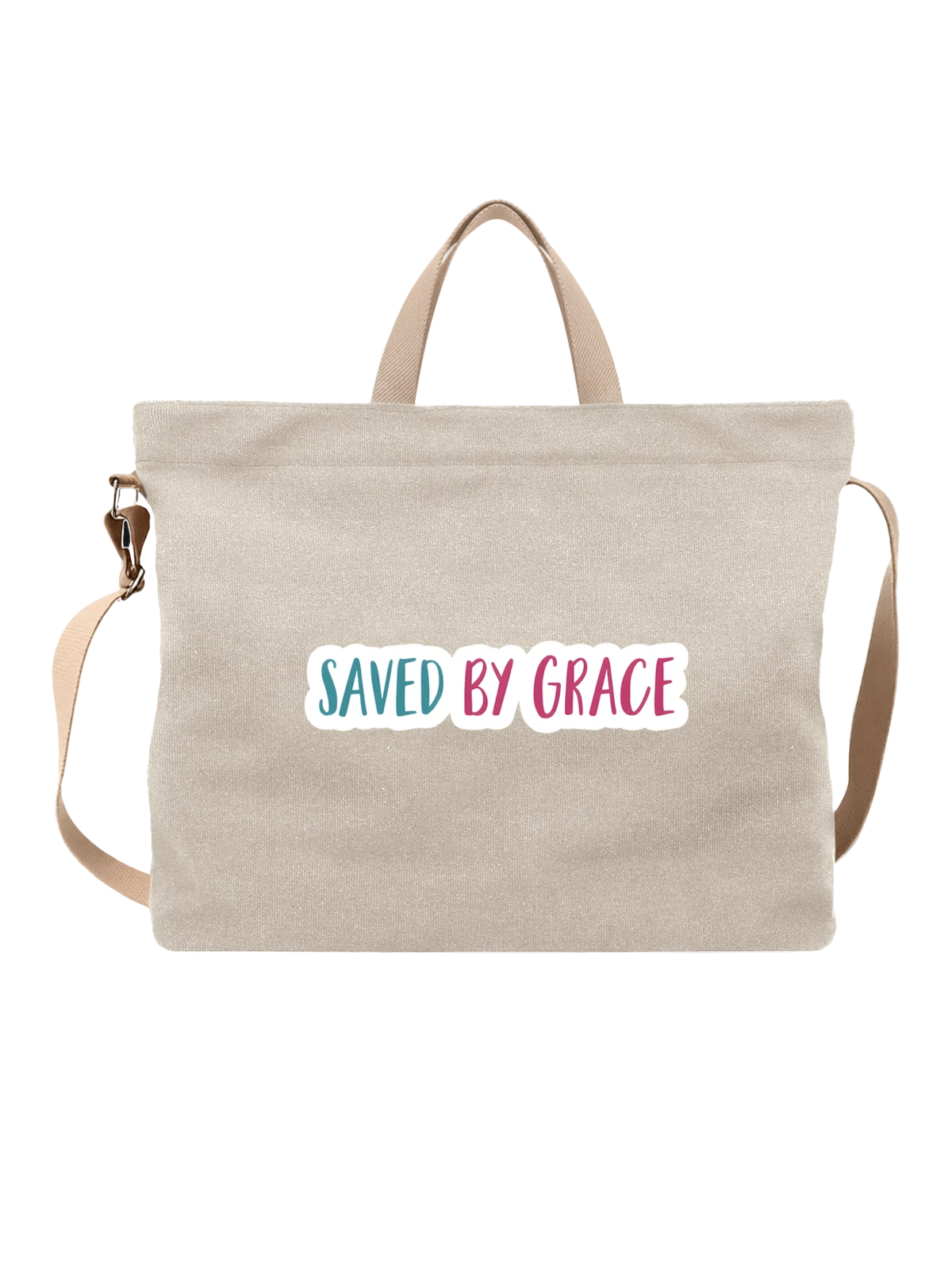 Сумка бежевая с принтом Saved By Grace надпись в облаках — декоративный шрифт — Бежевая, фото 1