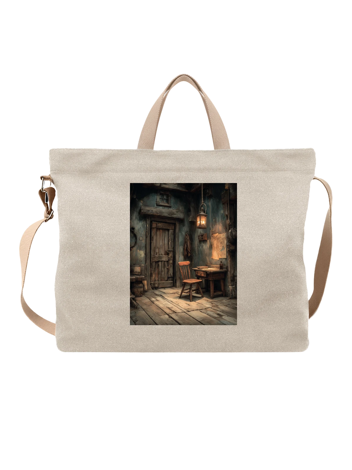 Сумка бежевая с принтом Rustic workshop с деревянным стулом — потёртые стены — Бежевая, фото 1