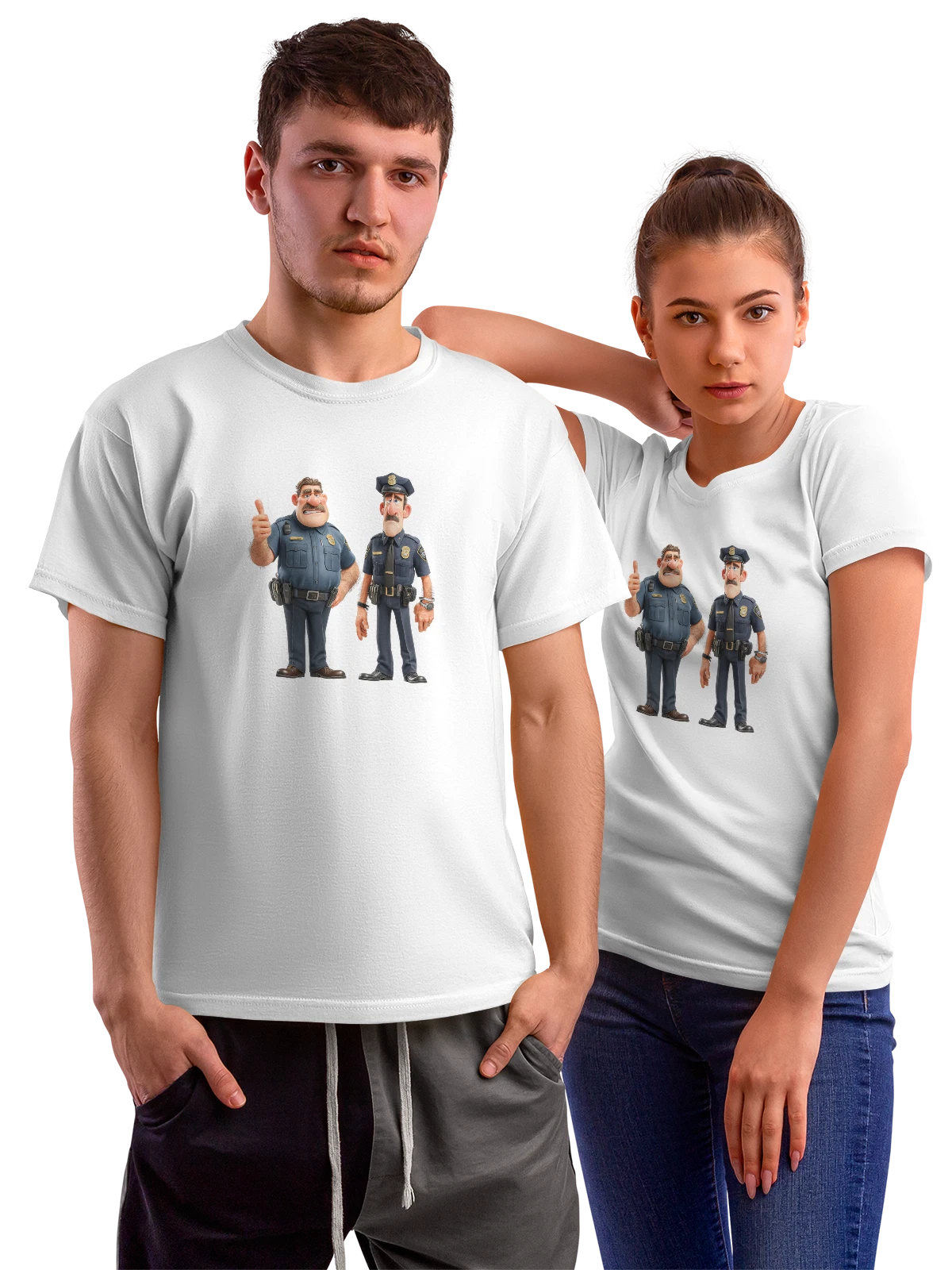 Футболка Два мультяшных полицейских офицера белая с принтом — полицейский офицер — Белая, фото 1
