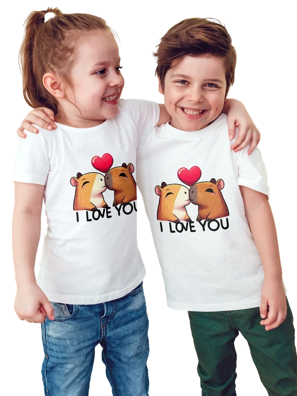 Футболка с двумя капибарами, сердцем и I LOVE YOU — Белая, фото 1