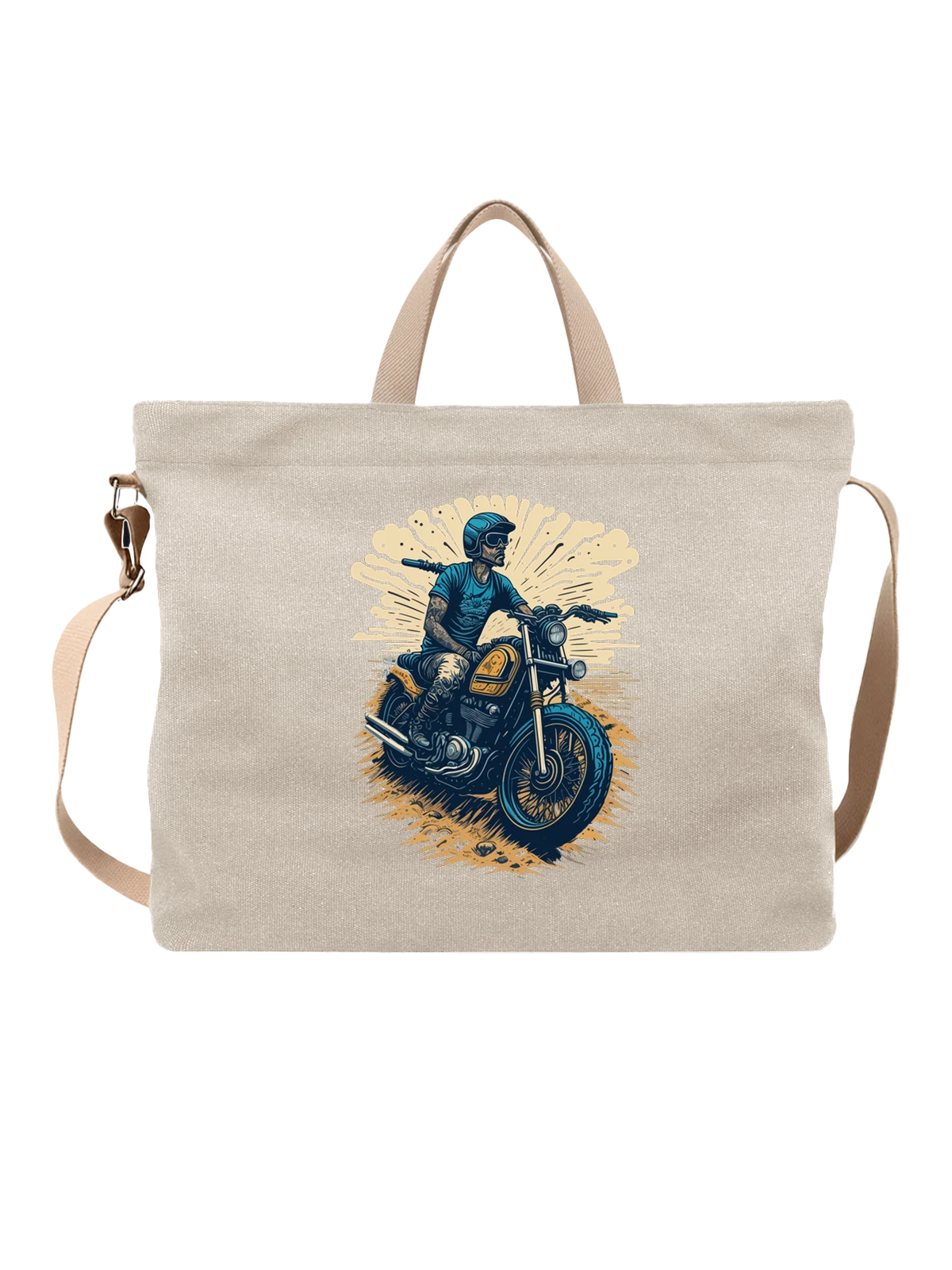 Сумка Мотоциклист в шлеме на крутом мотоцикле белая с принтом — biker — Белая, фото 1