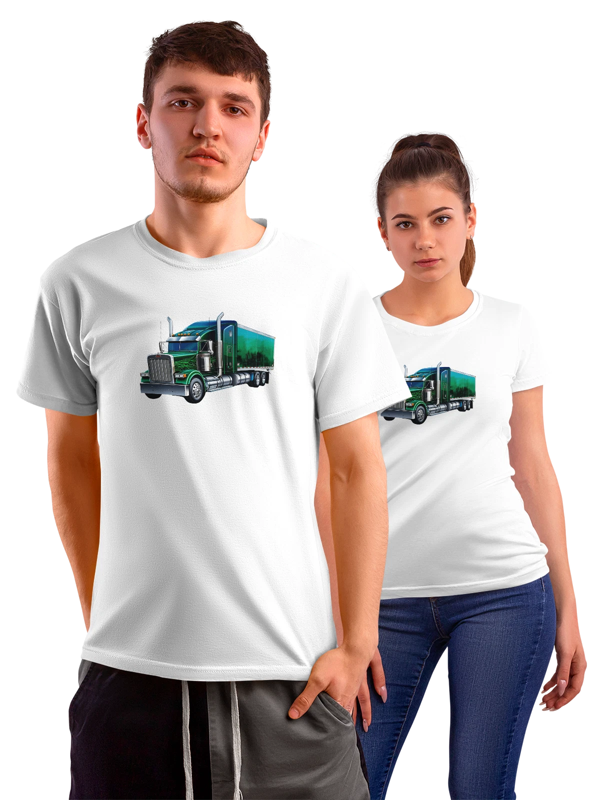 Футболка Peterbilt semi-truck с зелёным трейлером белая с принтом — chrome exhaust stacks — Белая, фото 1