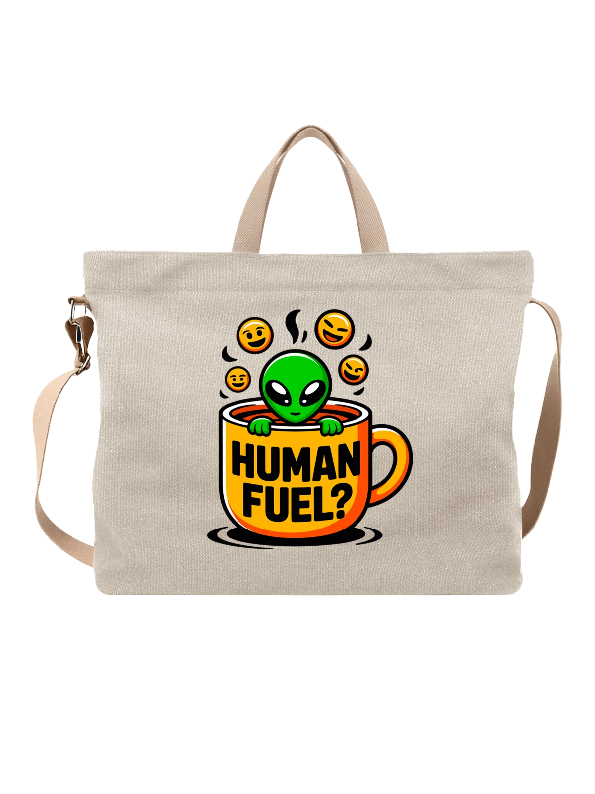 Сумка бежевая с принтом Зелёный инопланетянин в кружке Human Fuel — мемный принт — Бежевая, фото 1