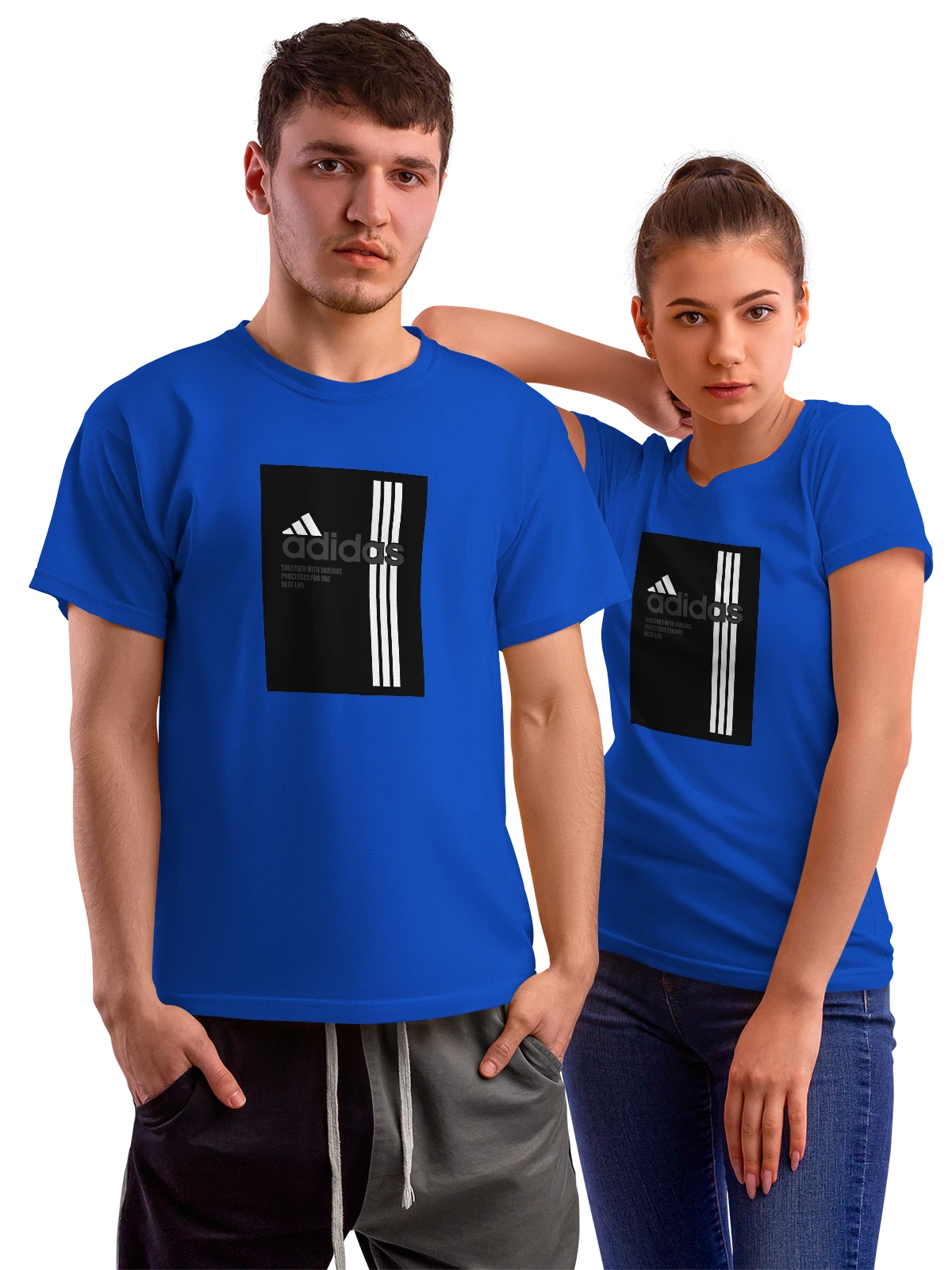 Футболка Adidas черный логотип и белые полосы синяя с принтом — три полосы — Синяя, фото 1