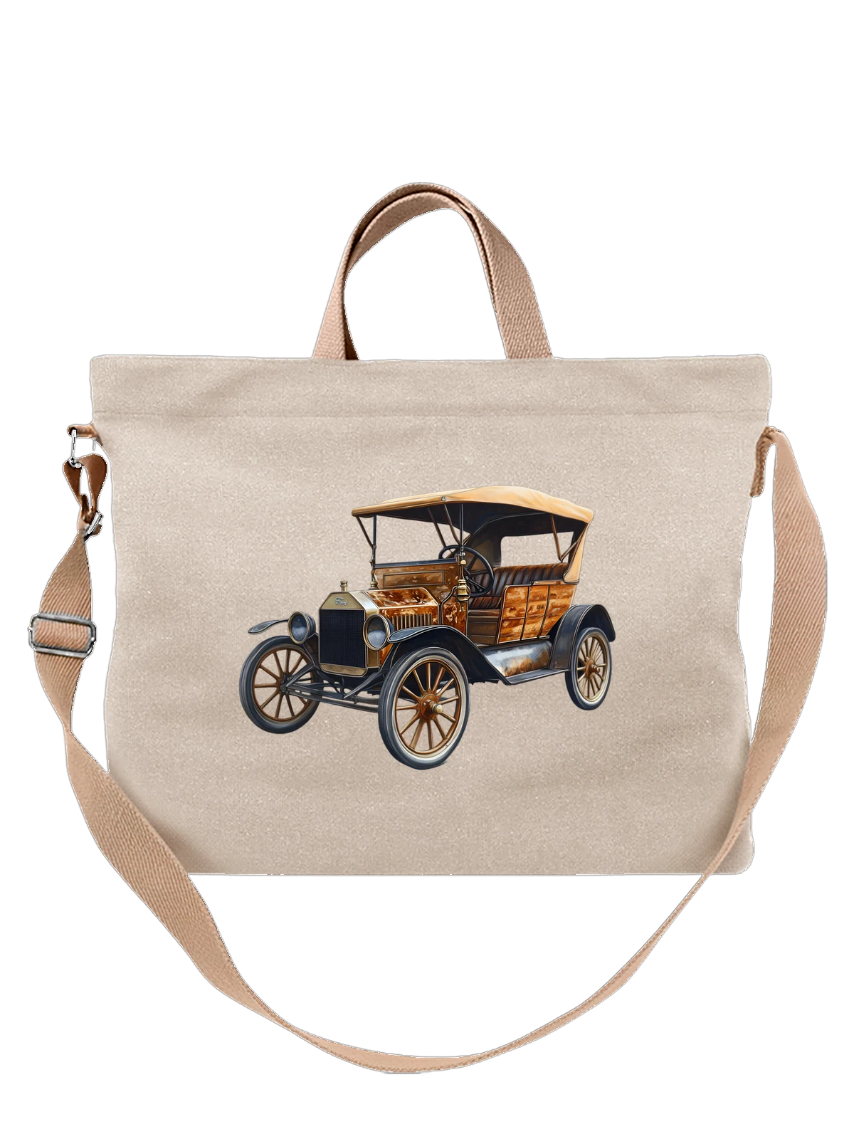 Сумка бежевая с принтом Ретро автомобиль Ford Model T 1920 года — олдтаймер — Бежевая, фото 1