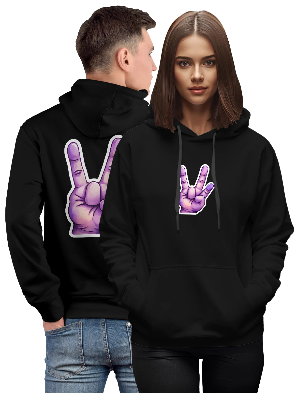 Худи Фиолетовая рука жест победы V знак рукой чёрное с принтом — victory sign — Чёрная, фото 1