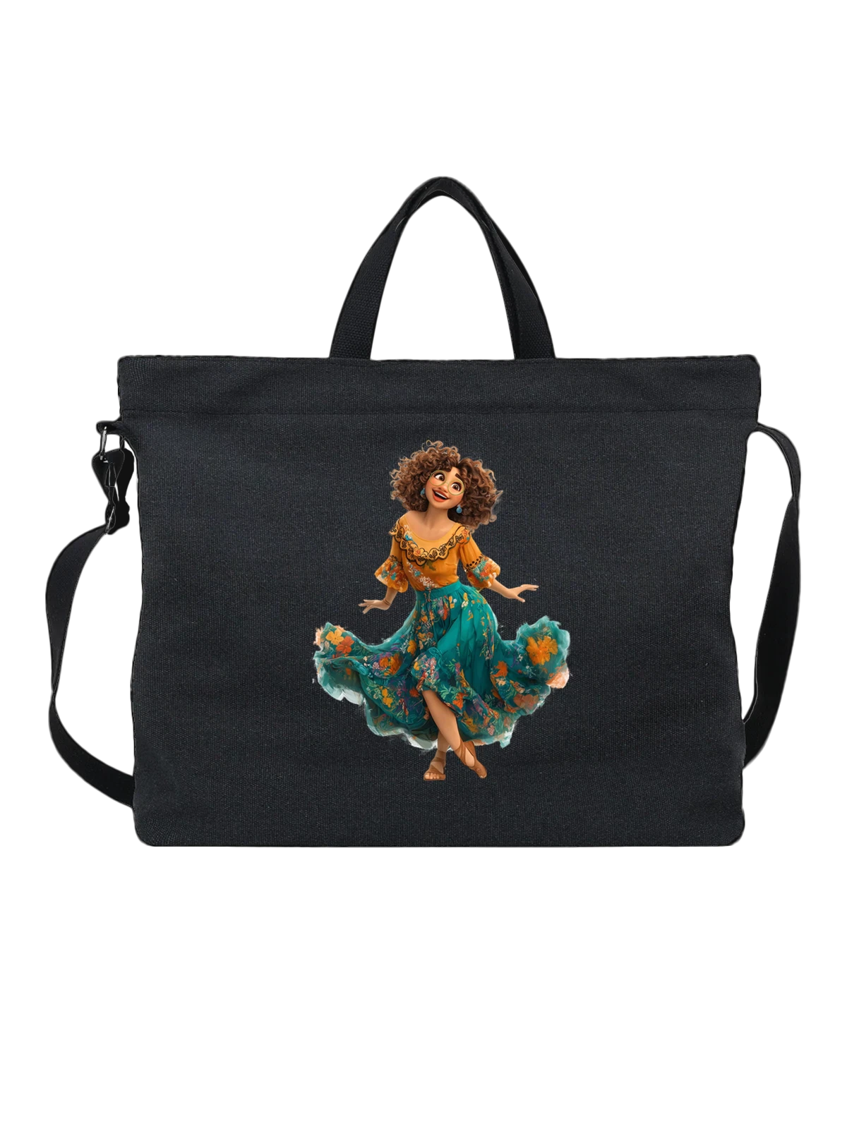 Сумка чёрная с принтом с девушкой в очках и цветном платье — мультяшная героиня — Чёрная, фото 1