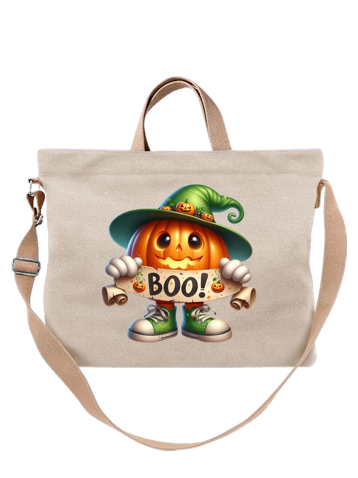 Сумка Тыква ведьмочка с табличкой BOO белая с принтом — праздничный персонаж — Белая, фото 1