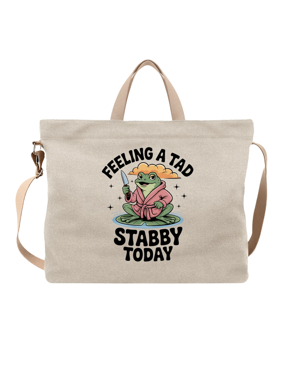 Сумка бежевая с принтом Лягушка с ножом и надписью Feeling a tad stabby — лягушка с кинжалом — Бежевая, фото 1