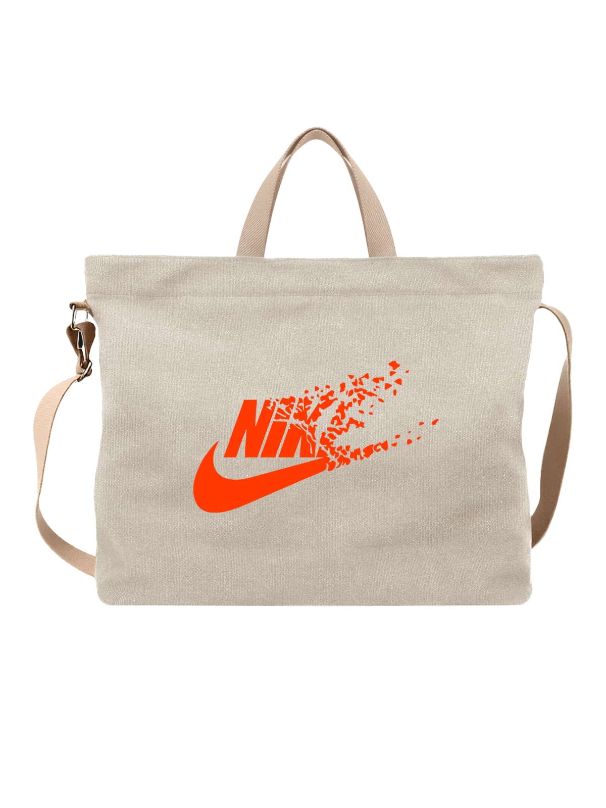 Сумка Nike: оранжевый логотип с эффектом распада белая с принтом — минималистичный брендовый принт — Белая, фото 1