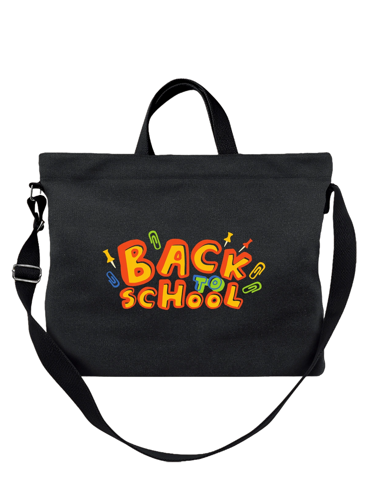 Сумка чёрная с принтом Back to School цветные буквы — иллюстрация текста — Чёрная, фото 1