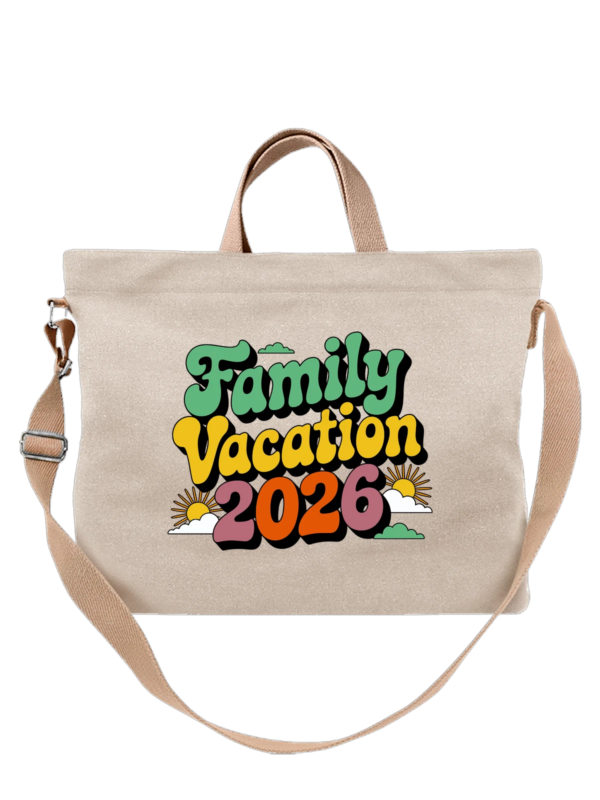 Сумка бежевая с принтом Family Vacation 2026 с летними облаками — декоративный ретро шрифт — Бежевая, фото 1