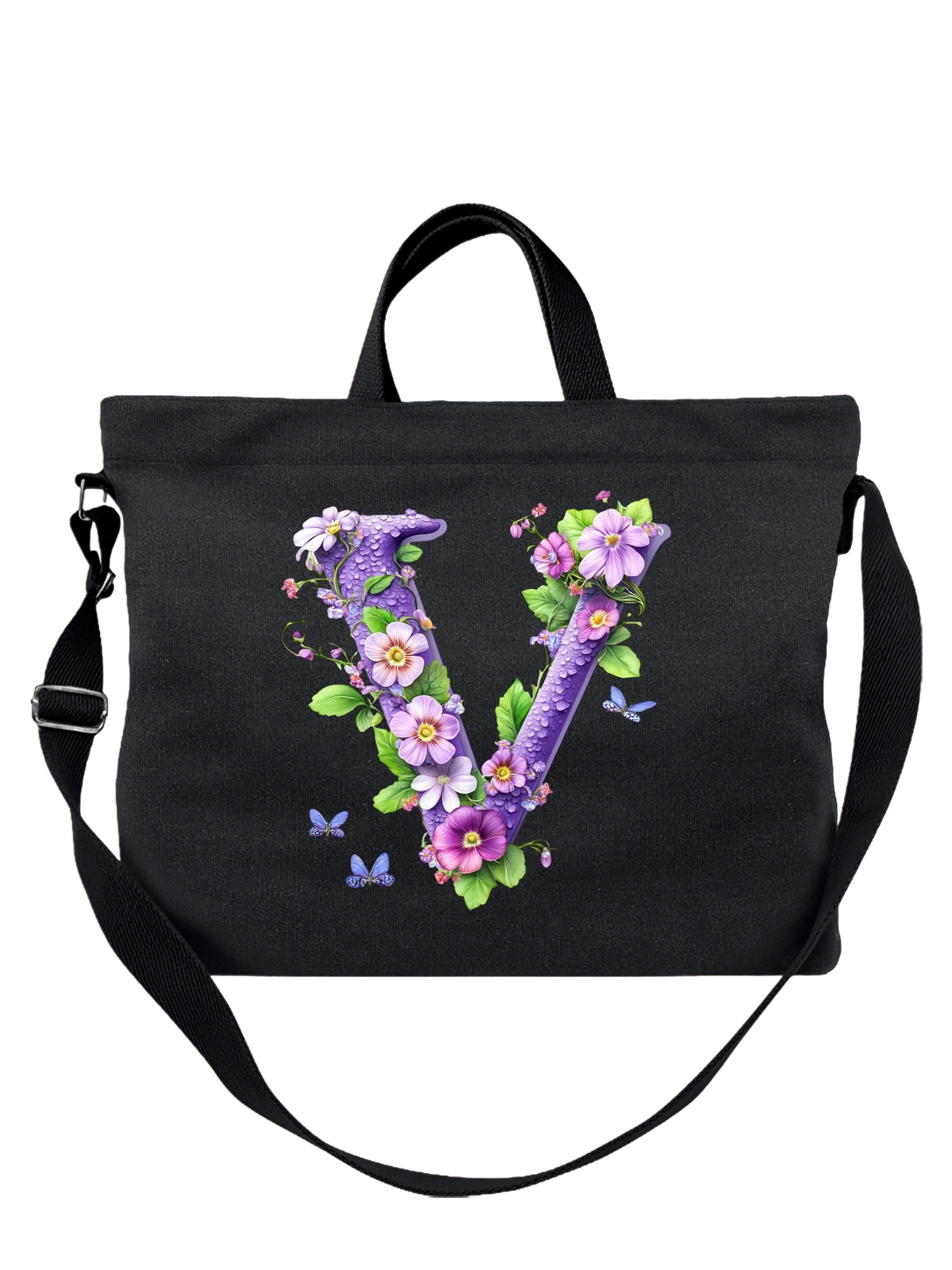 Сумка чёрная с принтом Буква V с цветами и бабочками — monogram V — Чёрная, фото 1
