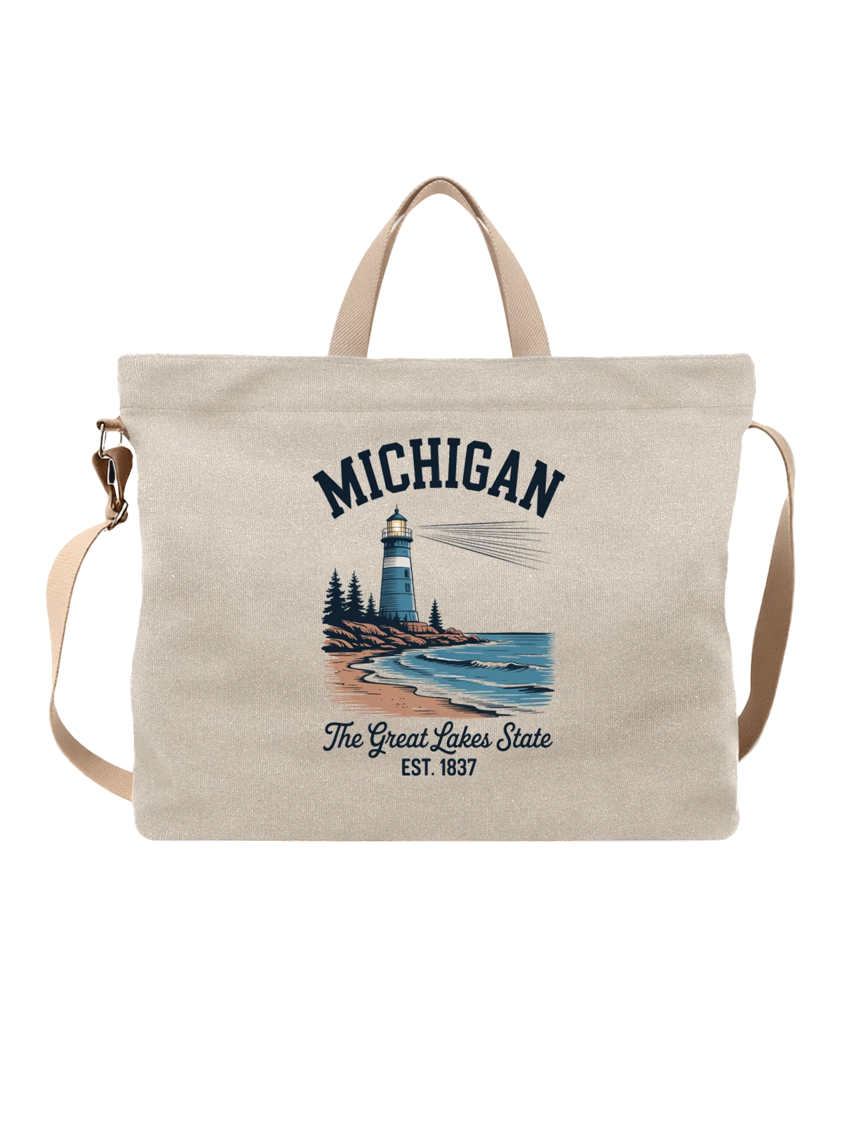 Сумка Мичиган маяк берег озера The Great Lakes State белая с принтом — волны — Белая, фото 1